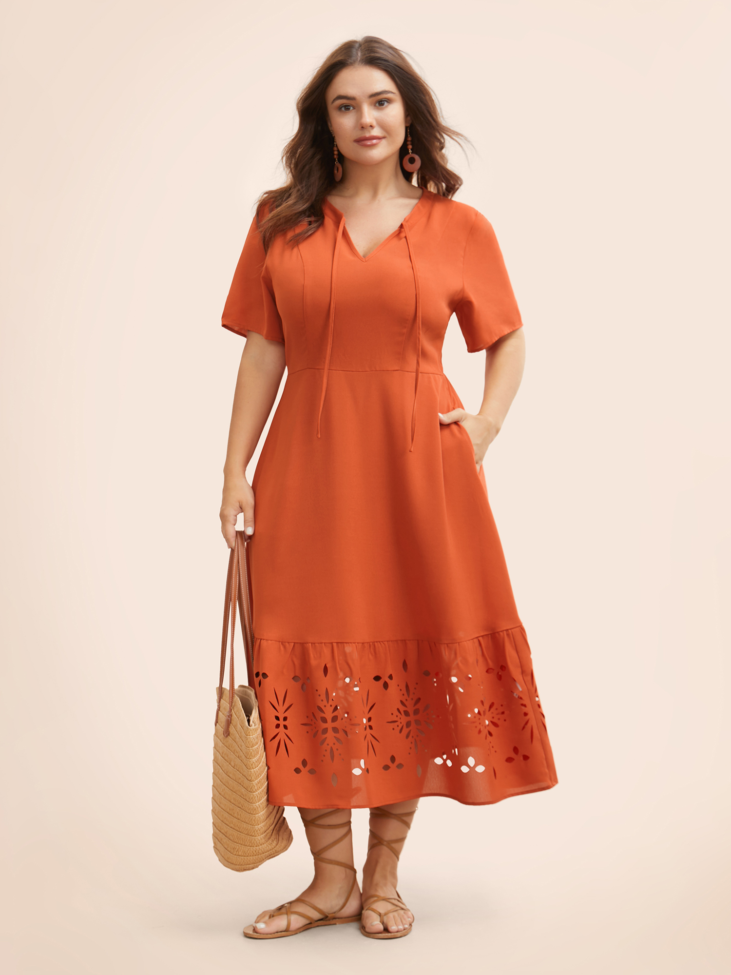 

Plus Size Solid Laser Cut Tie Knot Dress Brightorange Women Resort Tie knot Notched collar Short sleeve Curvy BloomChic