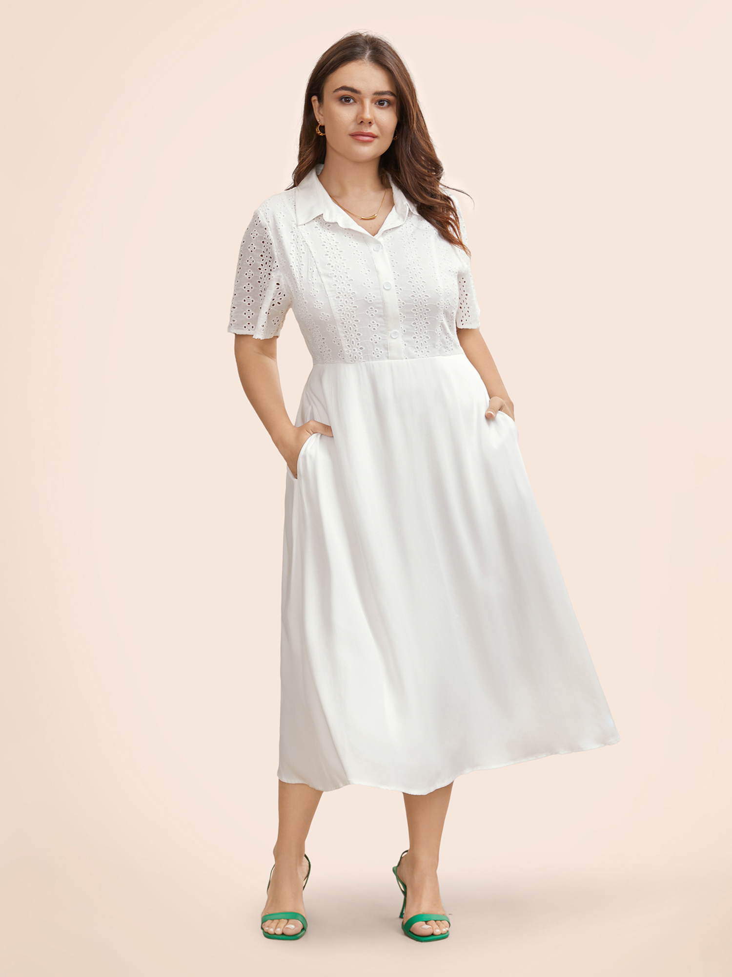 

Plus Size Shirt Collar Broderie Anglaise Midi Dress Originalwhite Women Resort Broderie anglaise Shirt collar Short sleeve Curvy BloomChic