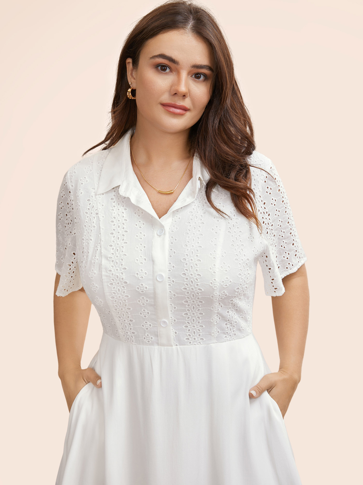 Plus Size Shirt Collar Broderie Anglaise Midi Dress Originalwhite Women Resort Broderie anglaise Shirt collar Short sleeve Curvy BloomChic 12/L 