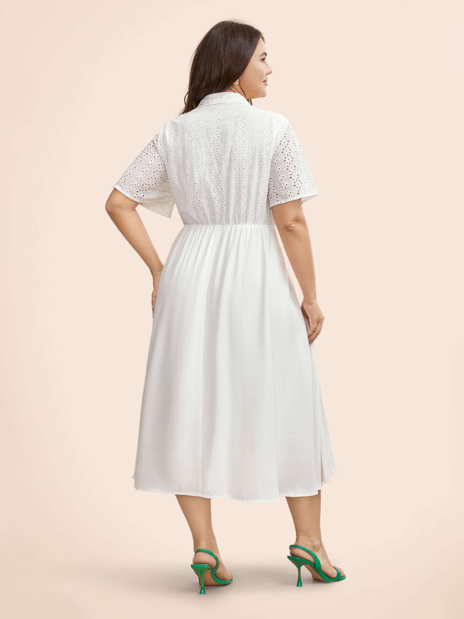 Plus Size Shirt Collar Broderie Anglaise Midi Dress Originalwhite Women Resort Broderie anglaise Shirt collar Short sleeve Curvy BloomChic 12/L 