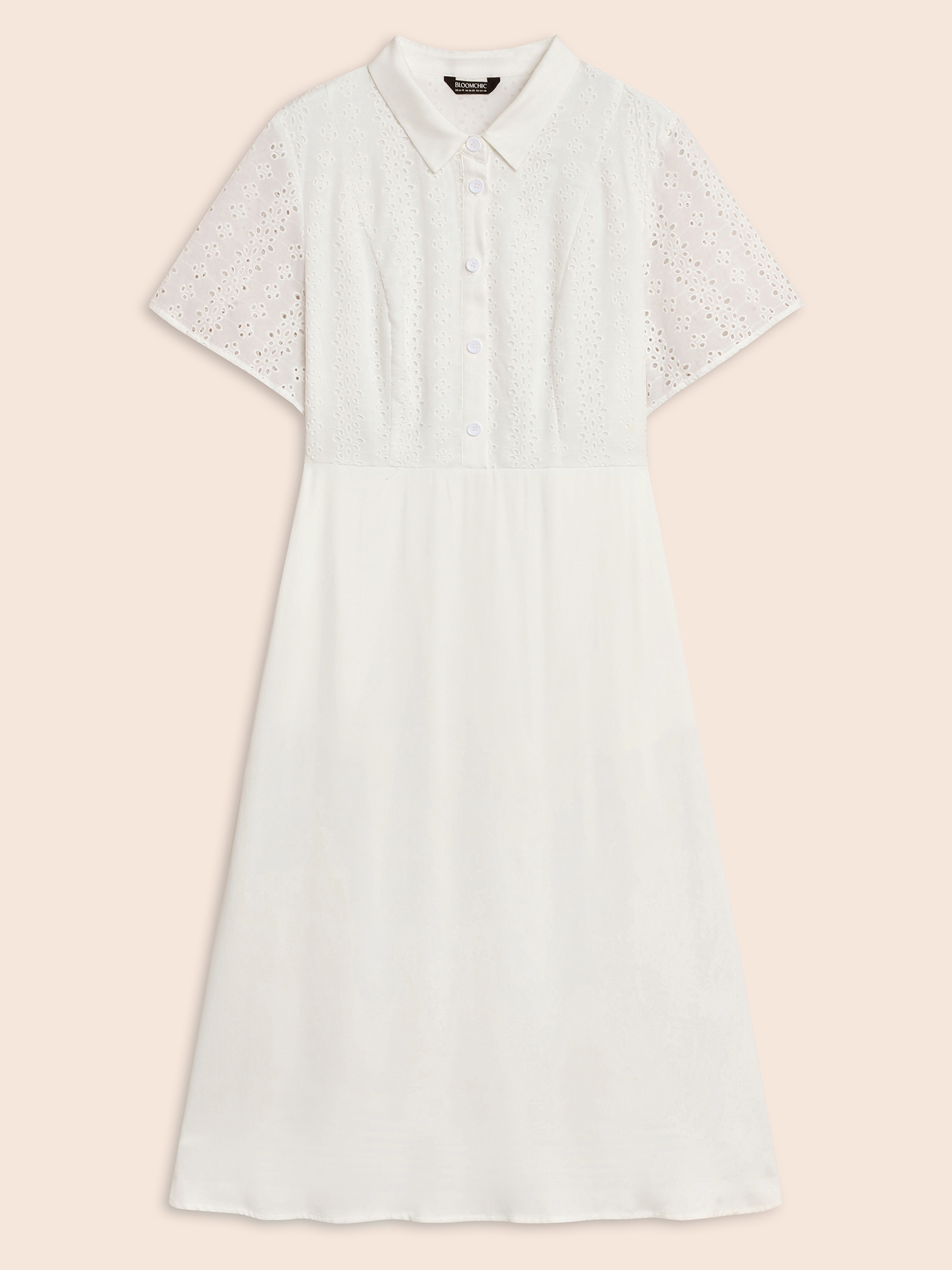 Plus Size Shirt Collar Broderie Anglaise Midi Dress Originalwhite Women Resort Broderie anglaise Shirt collar Short sleeve Curvy BloomChic 12/L 