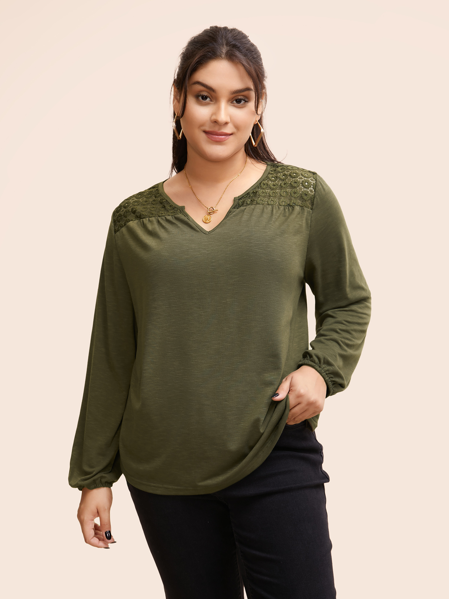 

Notched Collar Lace Patchwork Gathered T-shirt, Armygreen