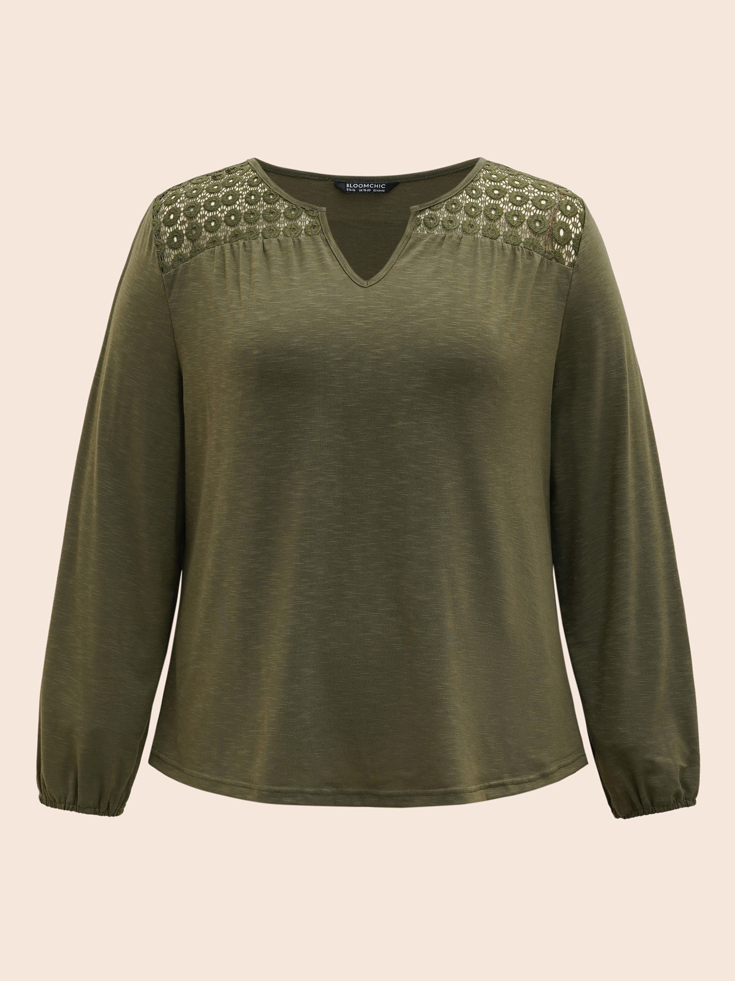 

Plus Size Notched Collar Lace Patchwork Gathered T-shirt ArmyGreen Notched collar Extra Long Sleeve Casual Jersey Tops