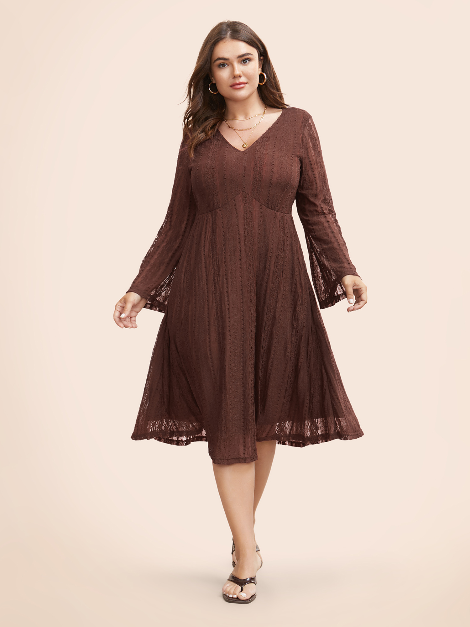 

Plus Size Solid Lace Patchwork Mesh Bell Sleeve Dress Browncoffeecolor Women Resort Texture V-neck Long Sleeve Curvy BloomChic