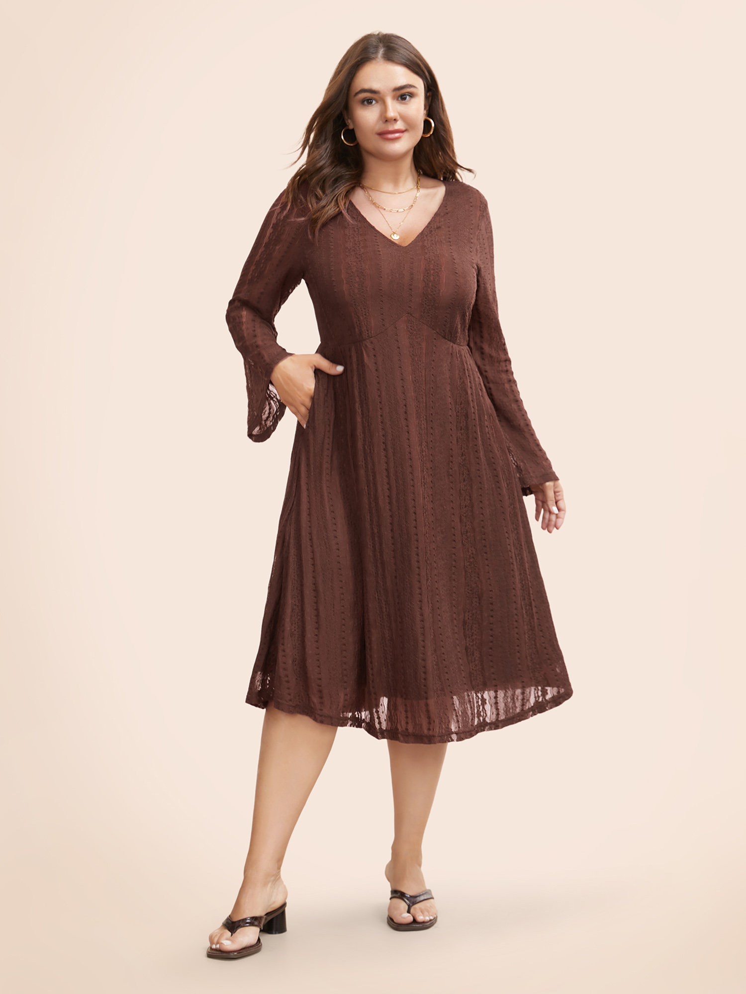 

Plus Size Solid Lace Patchwork Mesh Bell Sleeve Dress Browncoffeecolor Women Resort Texture V-neck Long Sleeve Curvy BloomChic