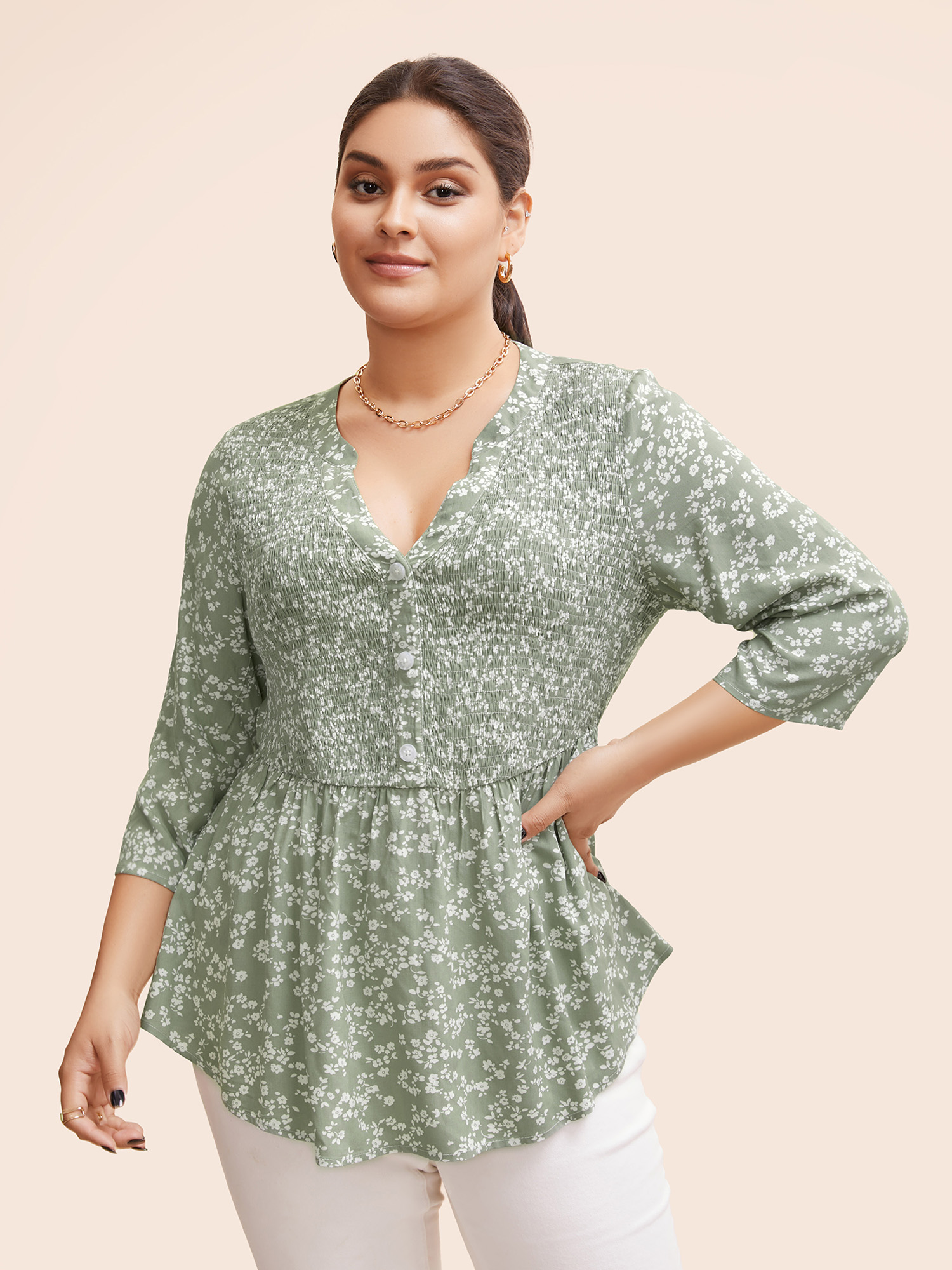 

Plus Size Greenbean Ditsy Floral Pleated Button Detail Blouse Women Elegant Elbow-length sleeve Flat collar with V-notch Everyday Blouses BloomChic