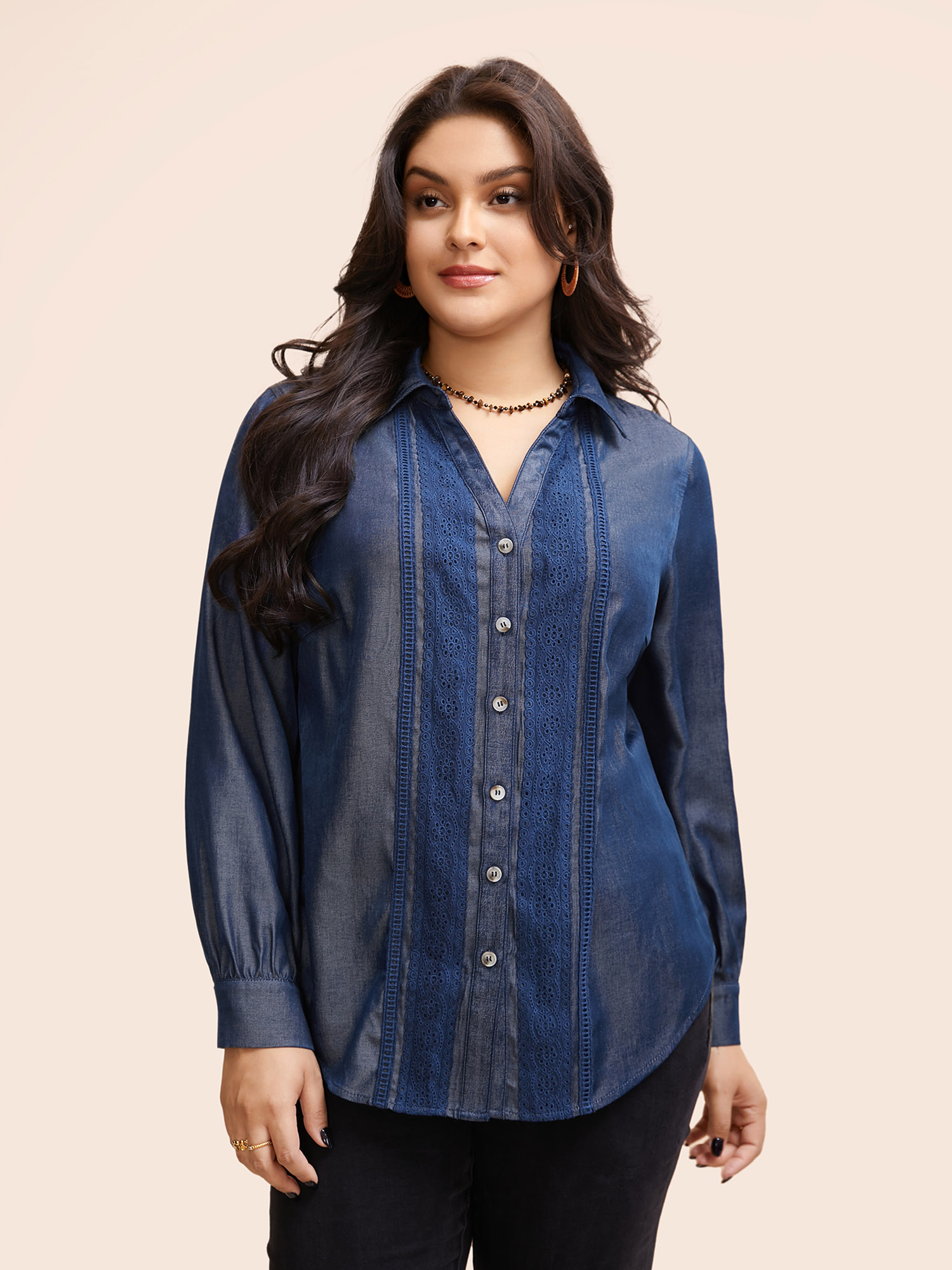 

Plus Size Indigo Denim-Effect Woven Ribbon Gathered Blouse Women Resort Long Sleeve Flat collar with V-notch Vacation Blouses BloomChic