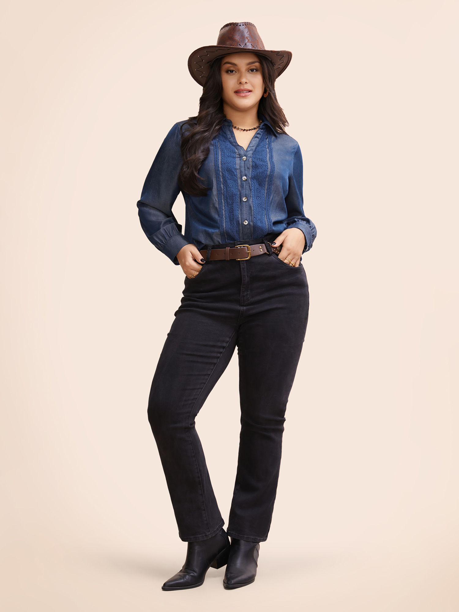 

Denim-Effect Woven Ribbon Gathered Blouse, Indigo