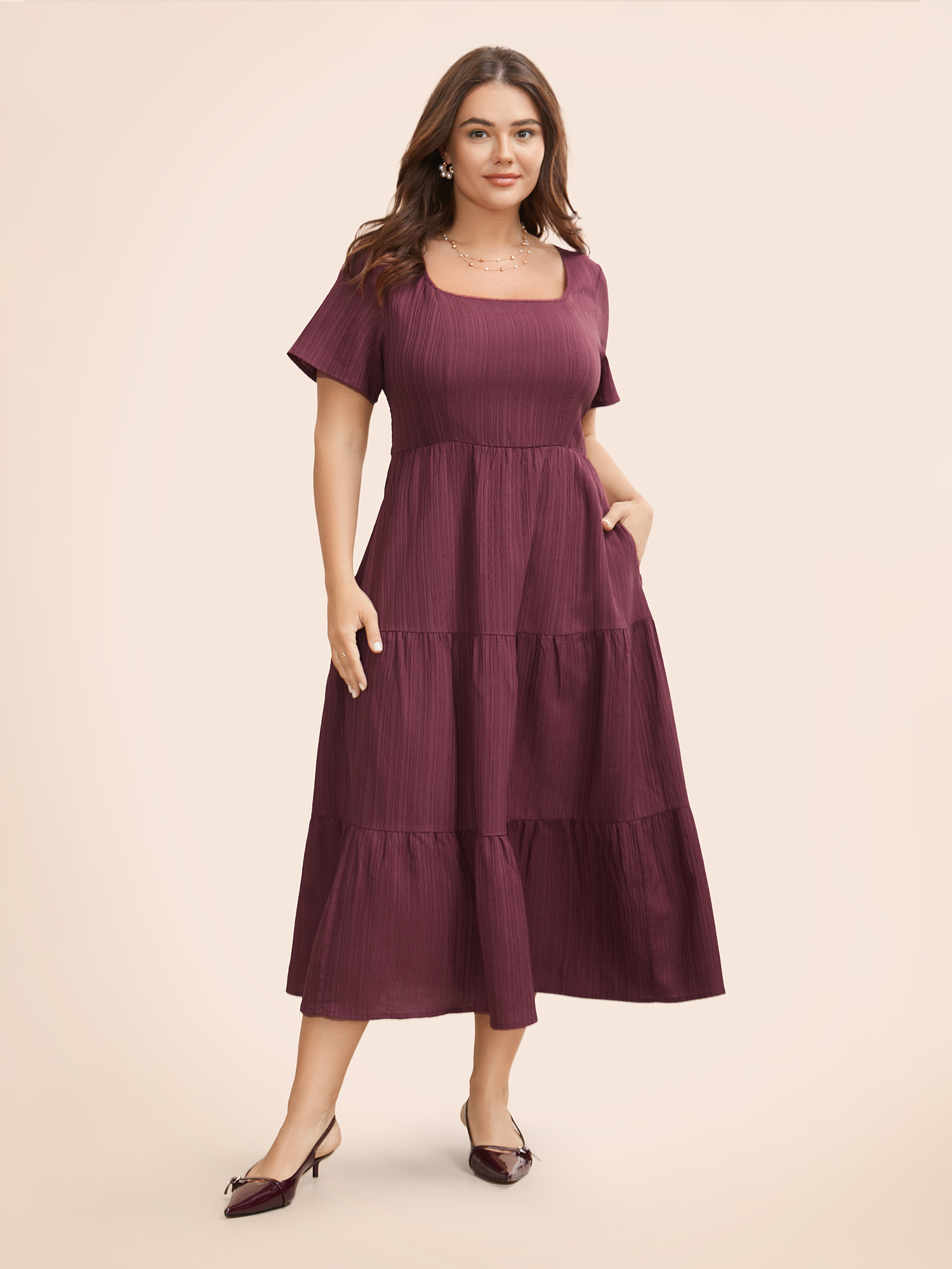 

Plus Size Square Neck Texture Ruffle Layered Hem Dress Burgundy Women Resort Texture Square Neck Short sleeve Curvy BloomChic