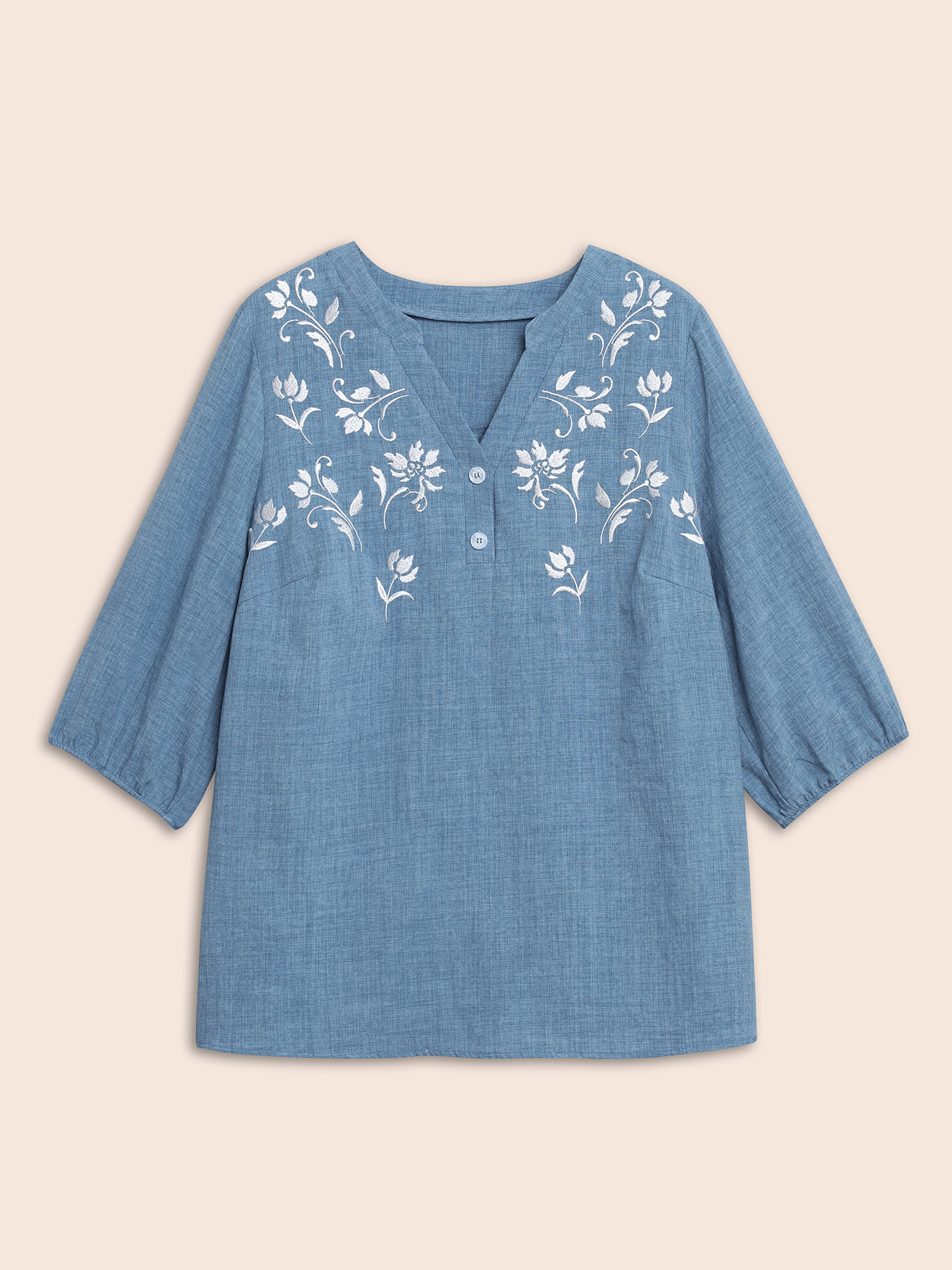 

Plus Size Cerulean Floral Embroidered Button Detail Lantern Sleeve Blouse Women Elegant Elbow-length sleeve Flat collar with V-notch Everyday Blouses BloomChic