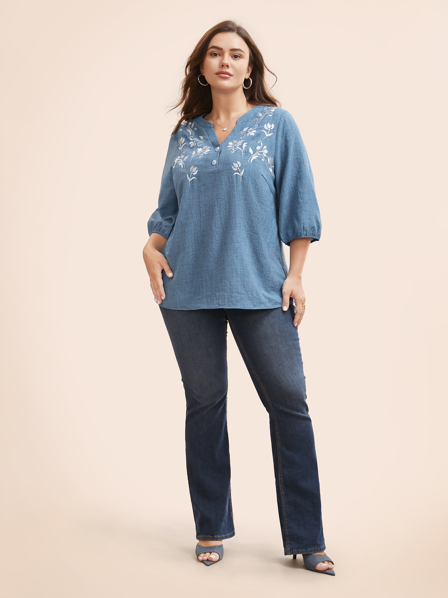 

Plus Size Cerulean Floral Embroidered Button Detail Lantern Sleeve Blouse Women Elegant Elbow-length sleeve Flat collar with V-notch Everyday Blouses BloomChic