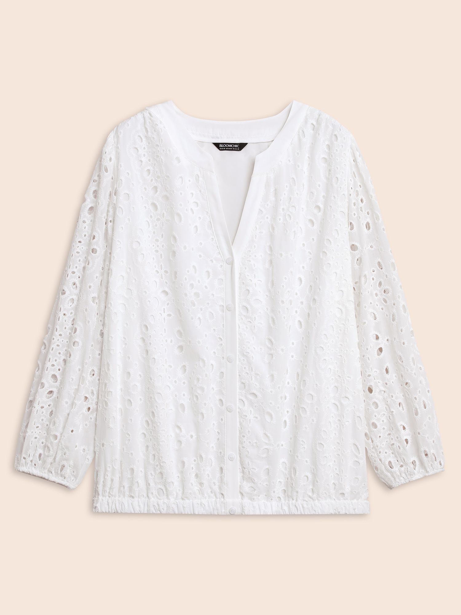 

Plus Size Opticwhite Notched Broderie Anglaise Lantern Sleeve Blouse Women Elegant Long Sleeve Flat collar with V-notch Everyday Blouses BloomChic