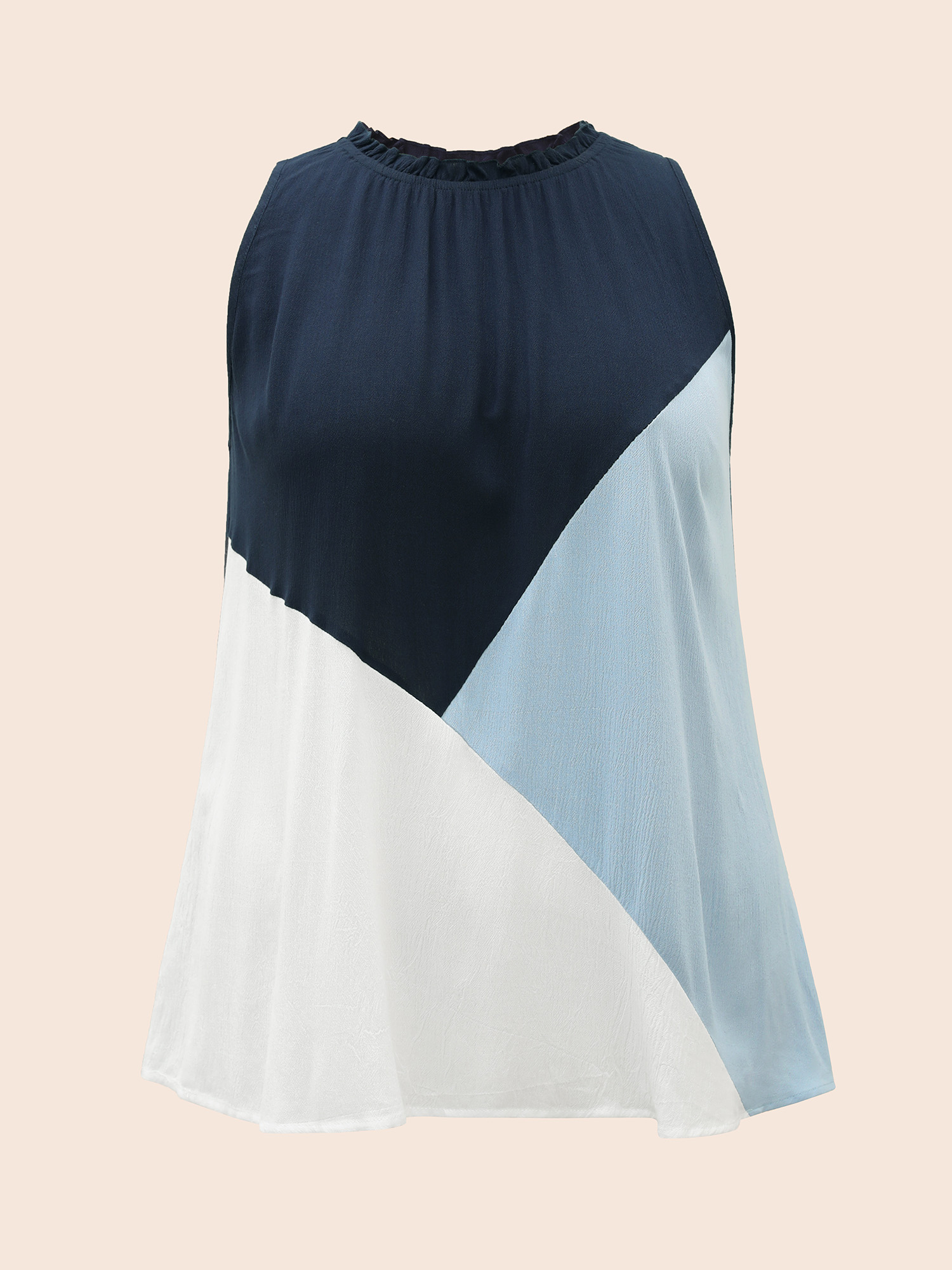 

Plus Size Colorblock Contrast Frill Trim Gathered Tank Top Women DarkBlue Casual Contrast Mock Neck Everyday Tank Tops Camis BloomChic
