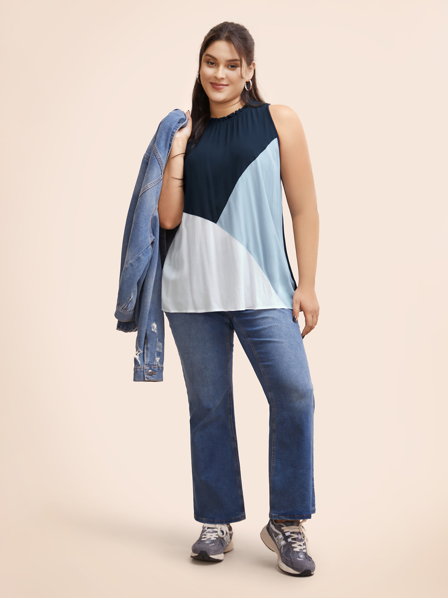 

Plus Size Colorblock Contrast Frill Trim Gathered Tank Top Women DarkBlue Casual Contrast Mock Neck Everyday Tank Tops Camis BloomChic