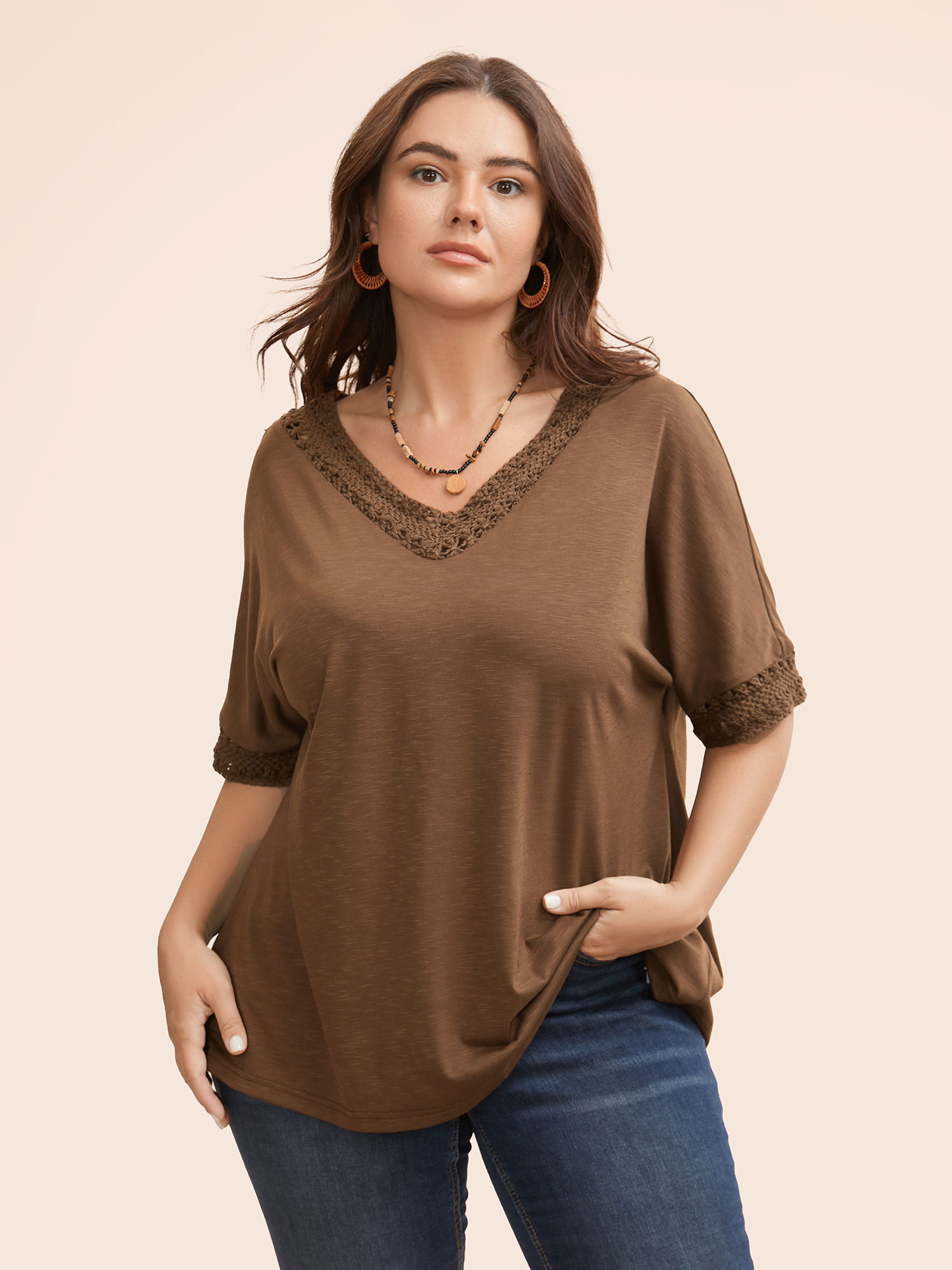 

Plus Size V Neck Woven Ribbon Dolman Sleeve T-shirt DarkBrown Women Resort Woven ribbon&lace trim V-neck Vacation T-shirts BloomChic