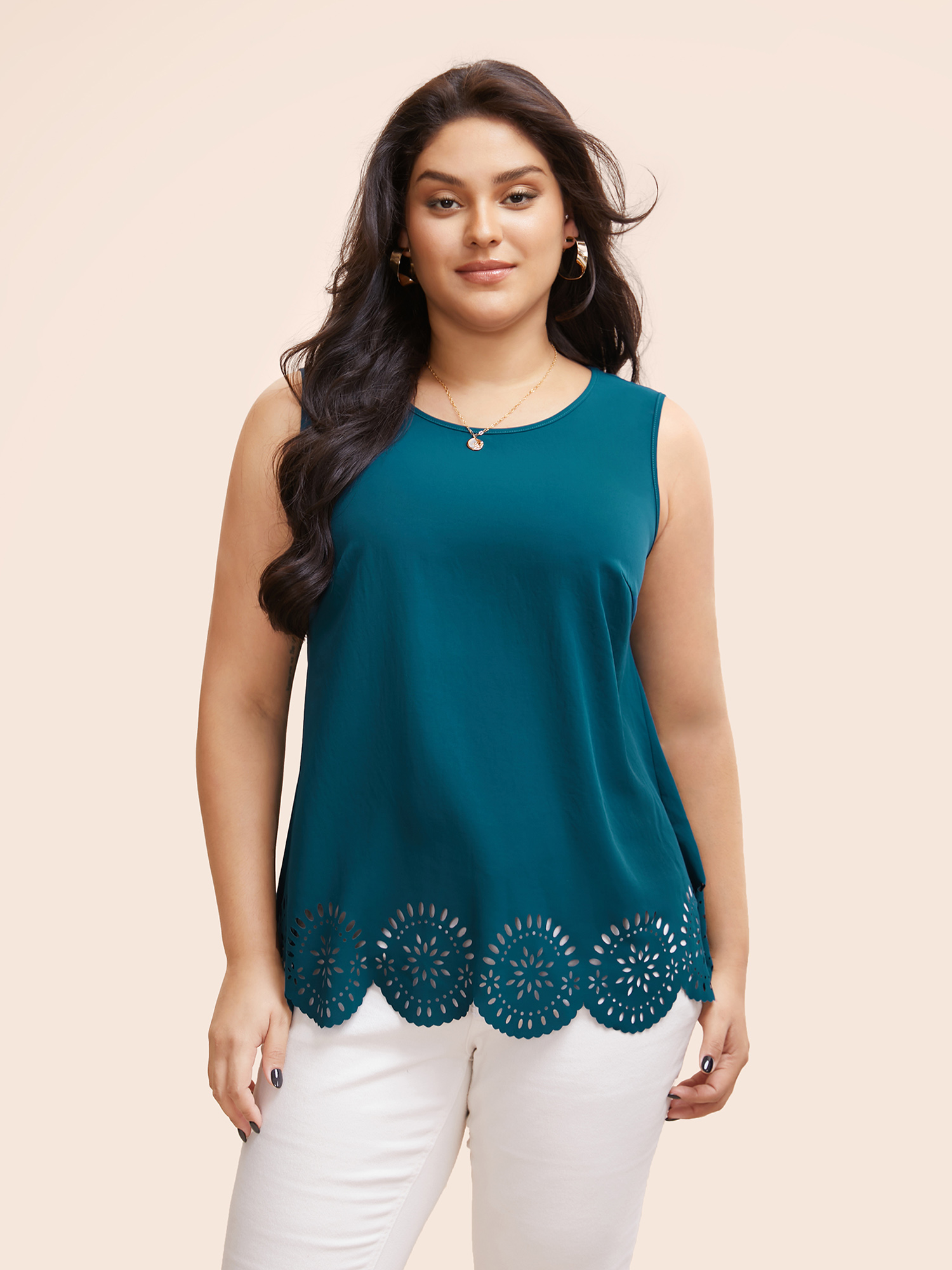 

Plus Size Solid Crew Neck Laser Cut Tank Top Women Aegean Elegant Cut-Out Round Neck Everyday Tank Tops Camis BloomChic