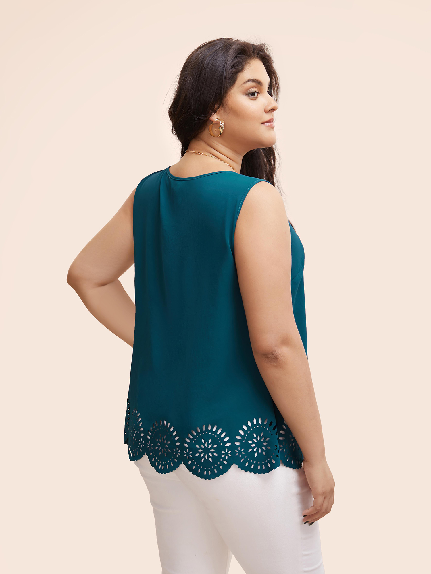 

Plus Size Solid Crew Neck Laser Cut Tank Top Women Aegean Elegant Cut-Out Round Neck Everyday Tank Tops Camis BloomChic