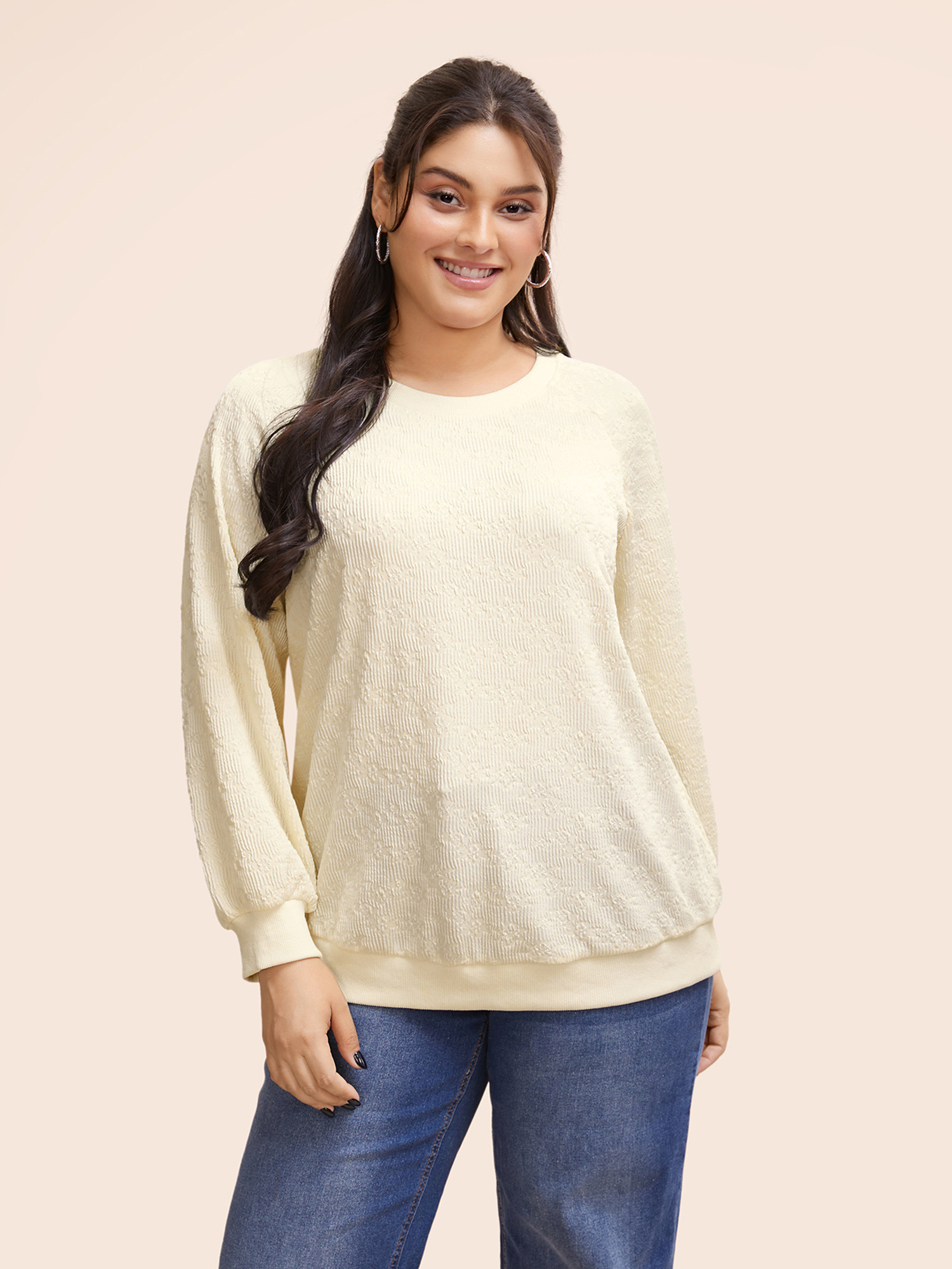 

Plus Size Crew Neck Plain Textured Raglan Sleeve Sweatshirt Women Beige Elegant Texture Round Neck Everyday Sweatshirts BloomChic