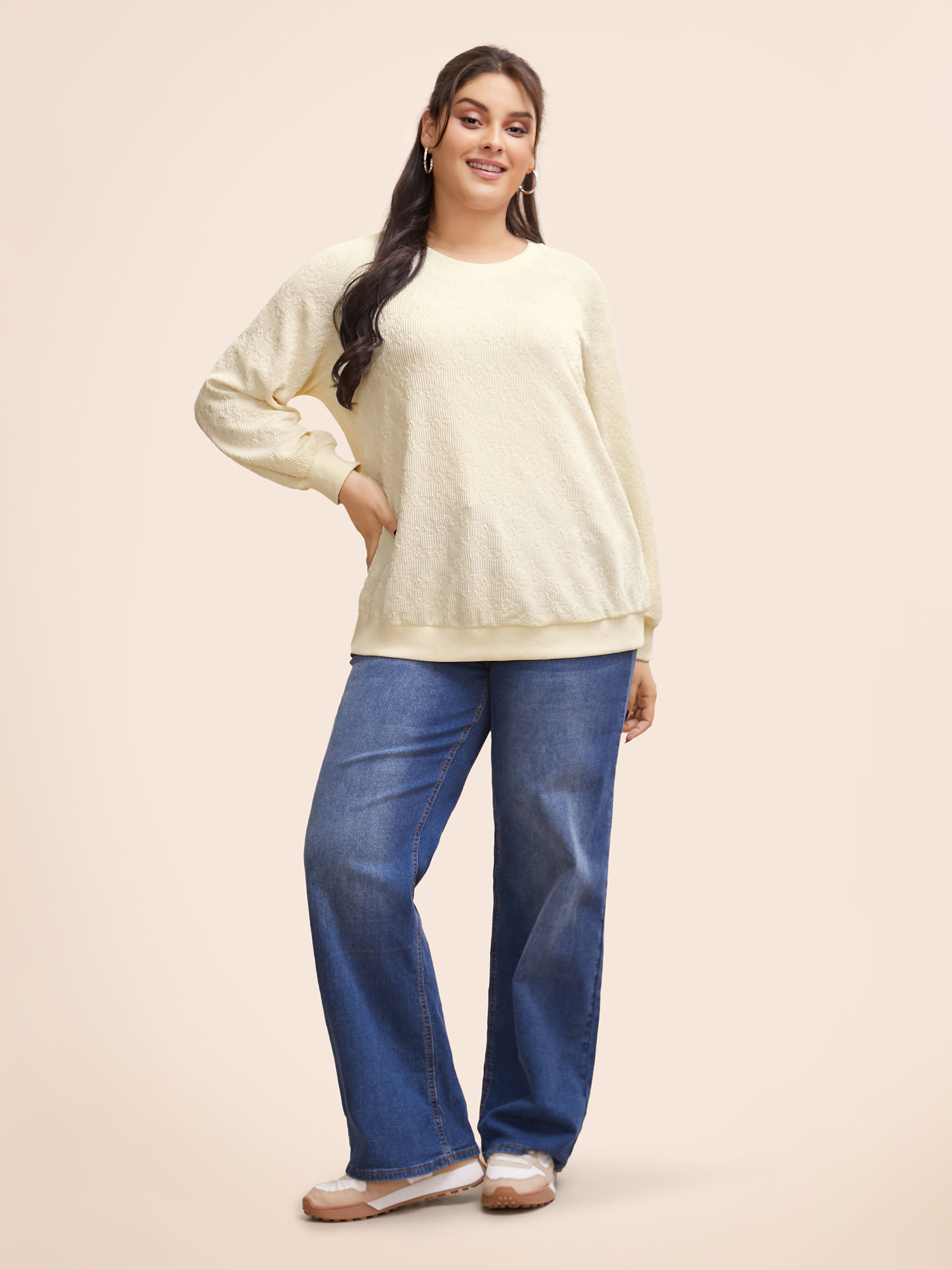 Plus Size Crew Neck Plain Textured Raglan Sleeve Sweatshirt Women Beige Elegant Texture Round Neck Everyday Sweatshirts BloomChic 18-20/2X 