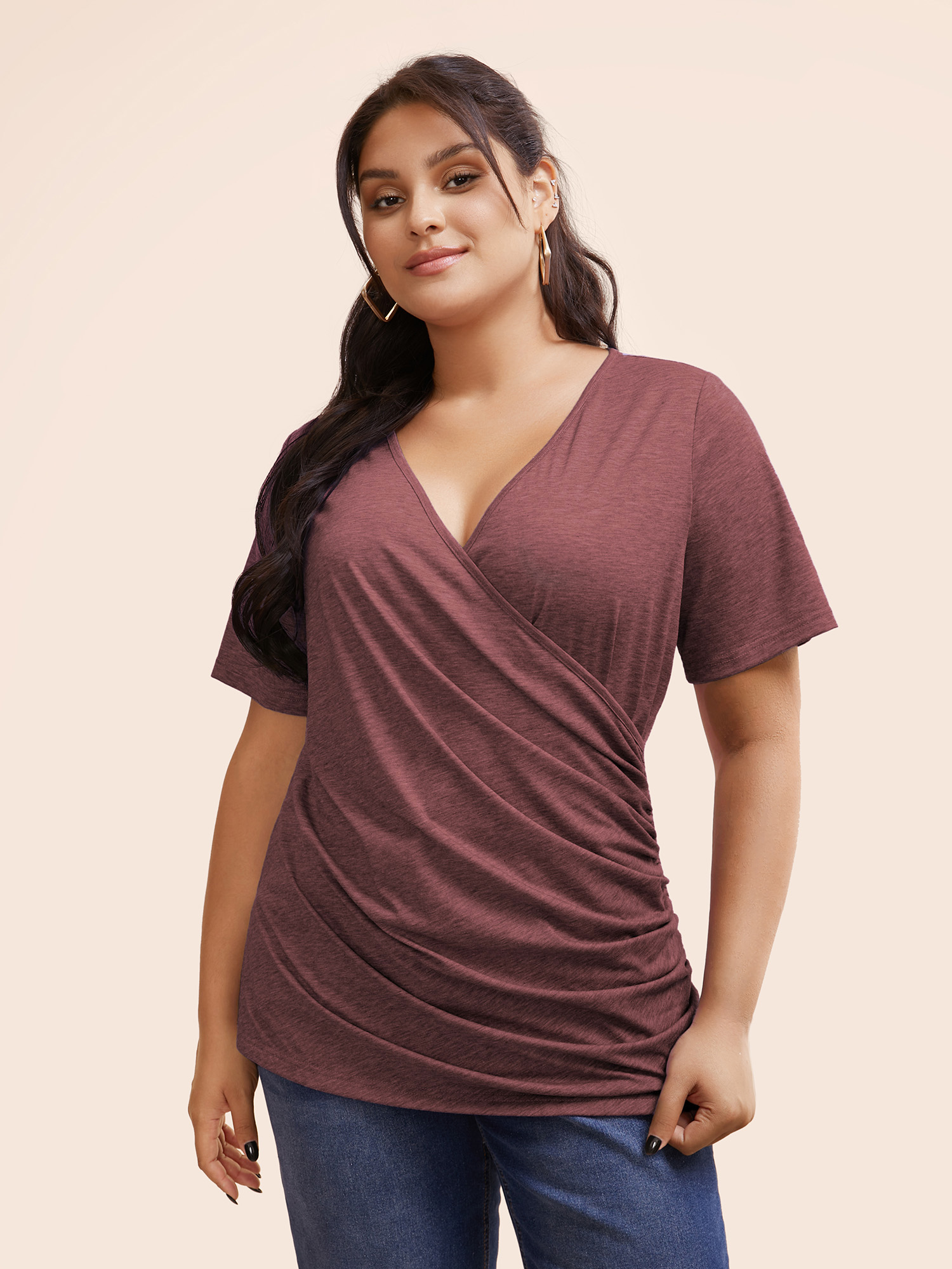 

Plus Size Solid Heather Overlap Collar Gathered T-shirt Russet Women Elegant Plain Plain Overlap Collar Dailywear T-shirts BloomChic