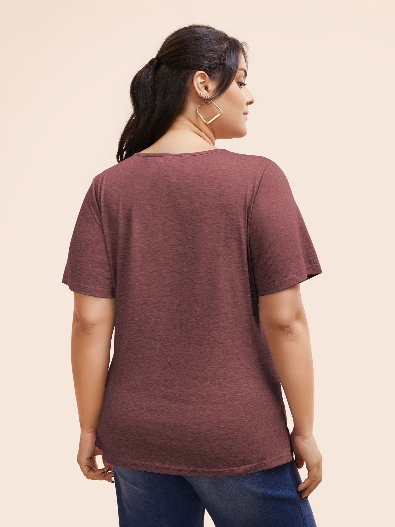 

Plus Size Solid Heather Overlap Collar Gathered T-shirt Russet Overlap Collar Short sleeve Elegant Jersey Tops