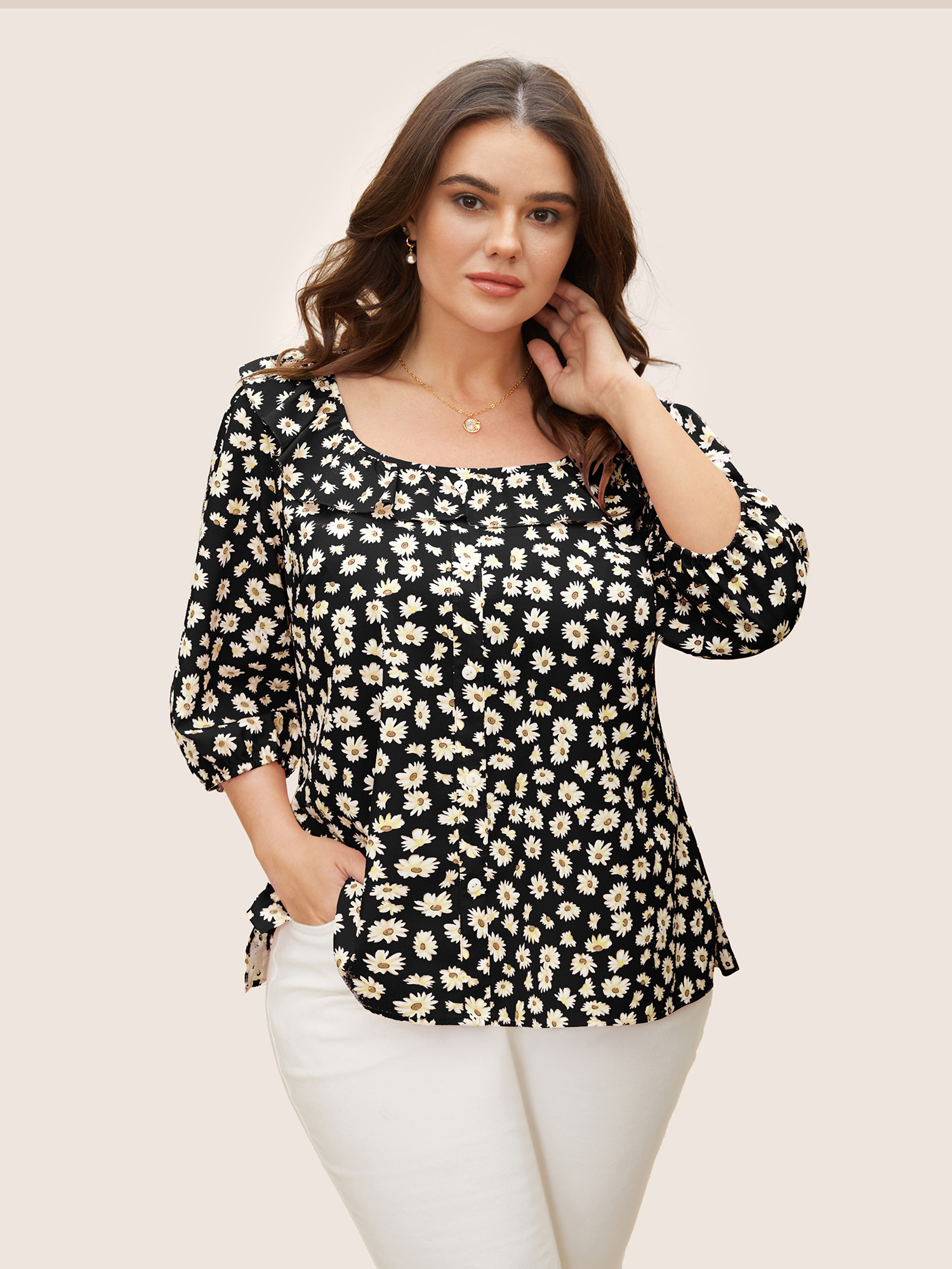 

Plus Size Black Daisy Patterned Ruffled Collar Blouse Women Elegant Elbow-length sleeve Square Neck Everyday Blouses BloomChic