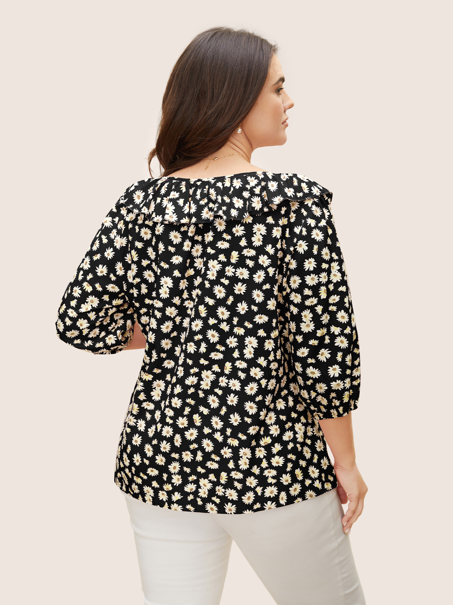 

Plus Size Black Daisy Patterned Ruffled Collar Blouse Women Elegant Elbow-length sleeve Square Neck Everyday Blouses BloomChic