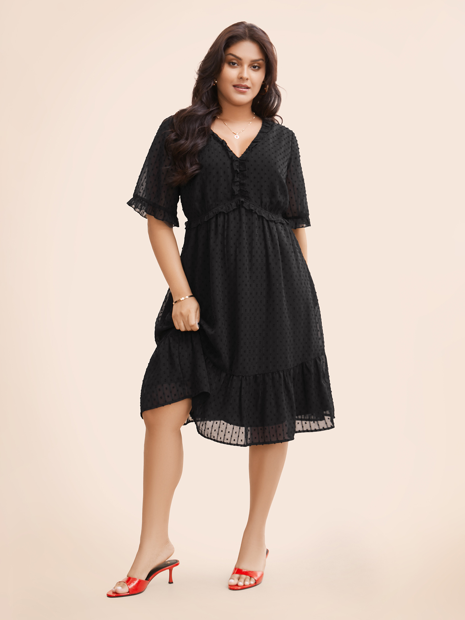 

Plus Size Jacquard V Neck Ruffle Sleeve Dress Black Women Elegant Texture V-neck Half Sleeve Curvy BloomChic