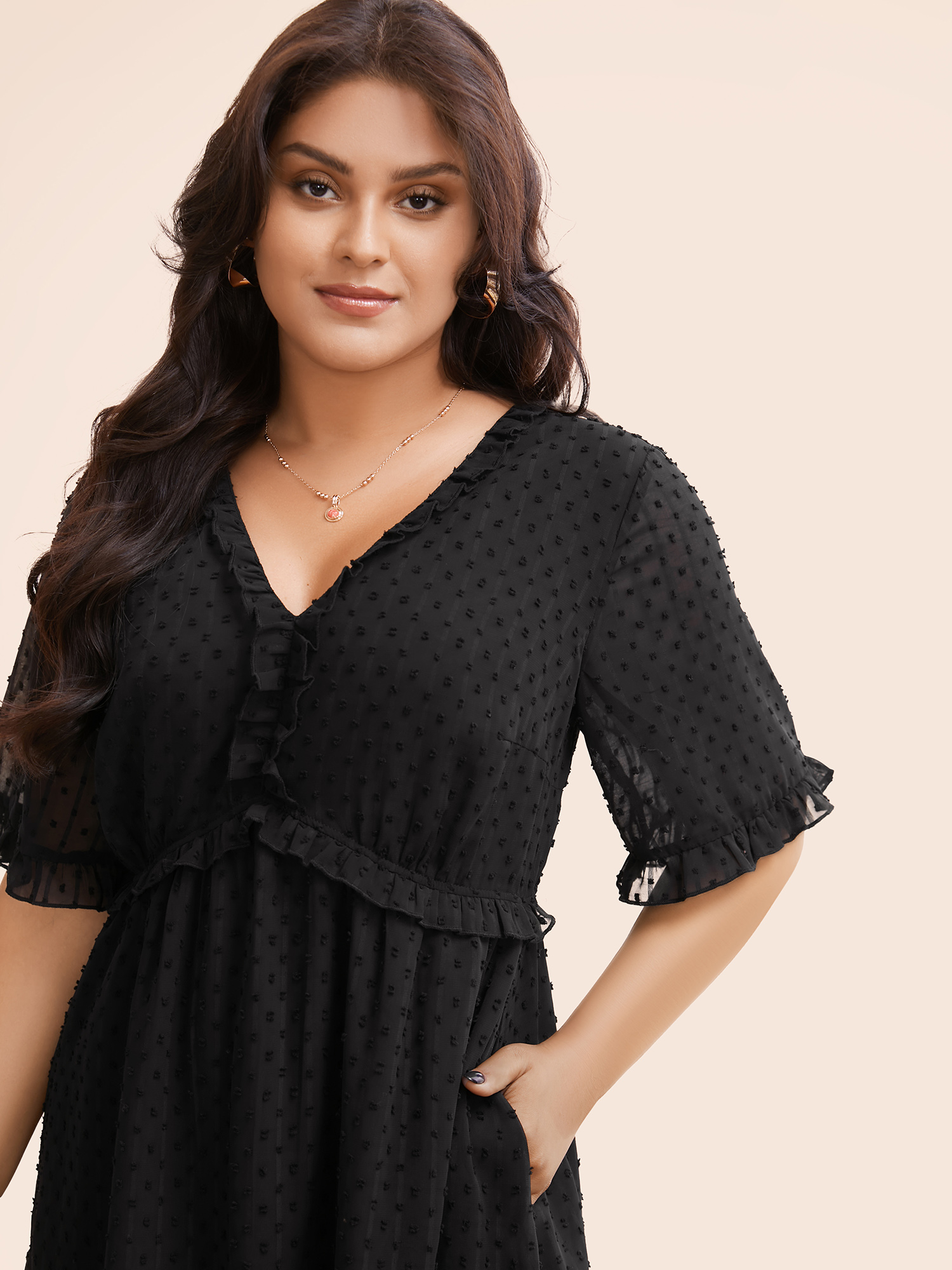Plus Size Jacquard V Neck Ruffle Sleeve Dress Black Women Elegant Texture V-neck Half Sleeve Curvy BloomChic 10/M 