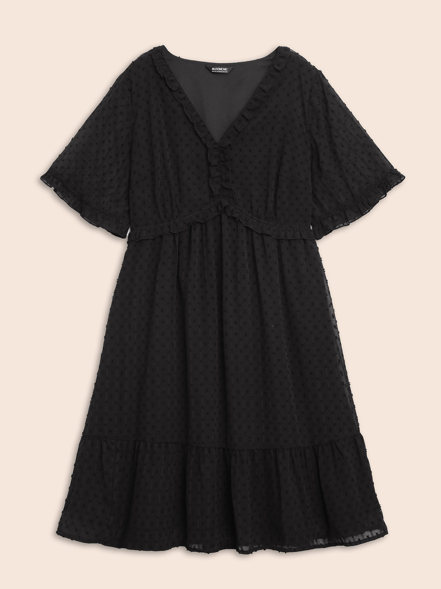 

Plus Size Jacquard V Neck Ruffle Sleeve Dress Black Women Elegant Texture V-neck Half Sleeve Curvy BloomChic