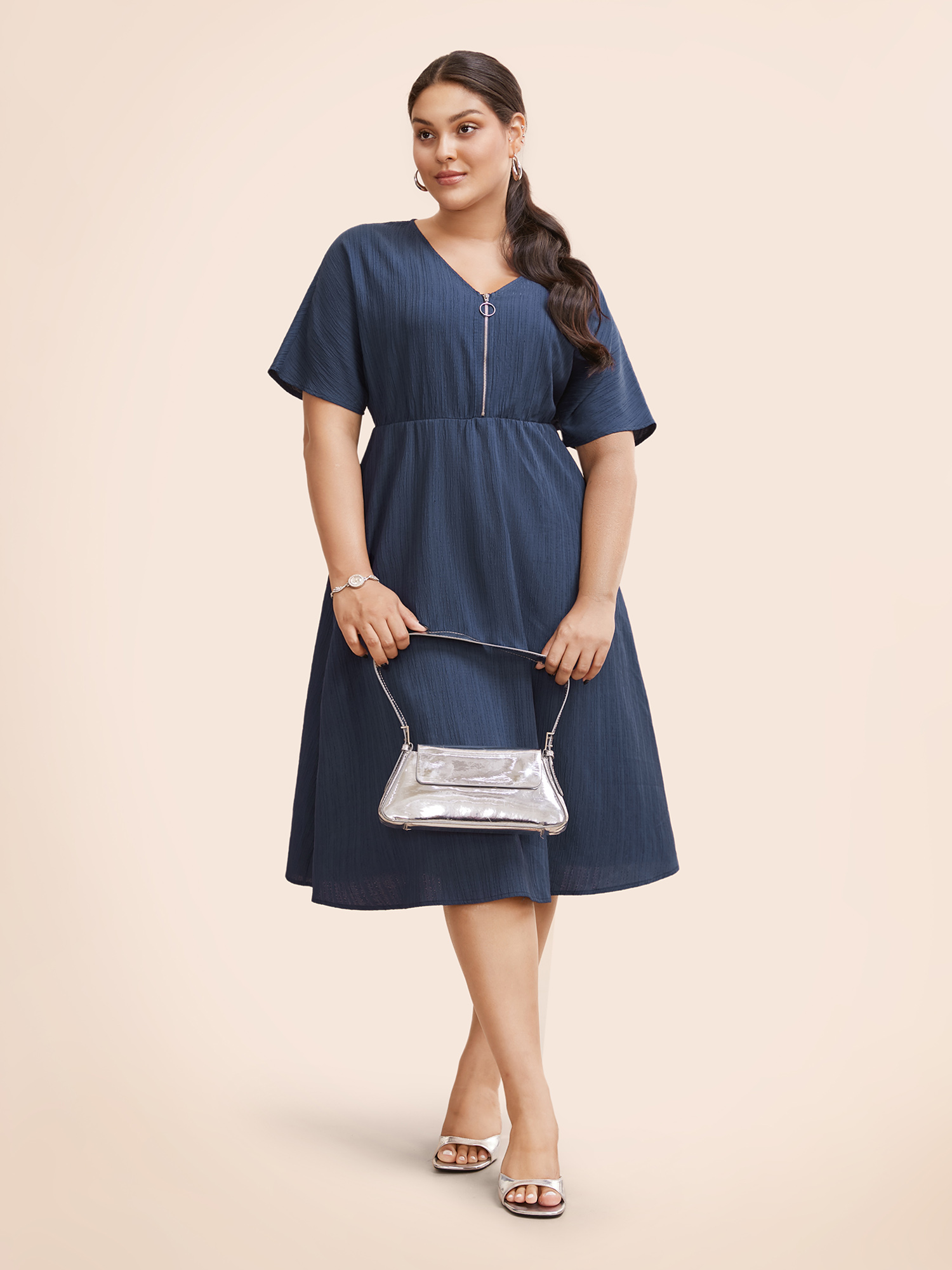 

Plus Size Textured Half Zip Dolman Sleeve Dress Indigo Women At the Office Texture V-neck Short sleeve Curvy BloomChic