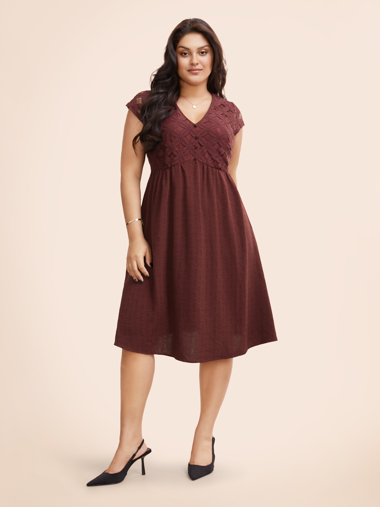 

Plus Size Plain Lace Panel Cap Sleeve Dress Denimburgundy Women Elegant Texture V-neck Cap Sleeve Curvy BloomChic