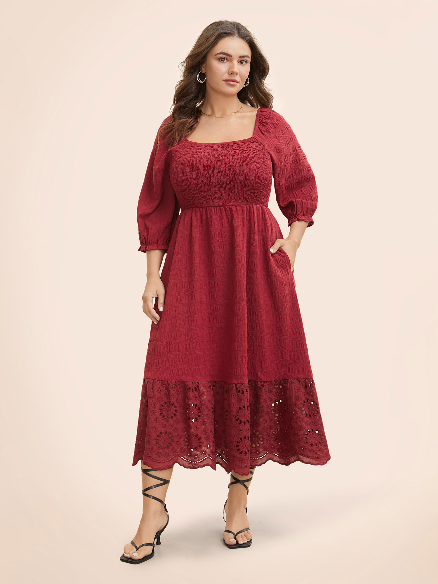 

Plus Size Square Neck Broderie Anglaise Patchwork Shirred Dress Denimburgundy Women Elegant Woven ribbon&lace trim Square Neck Elbow-length sleeve Curvy BloomChic