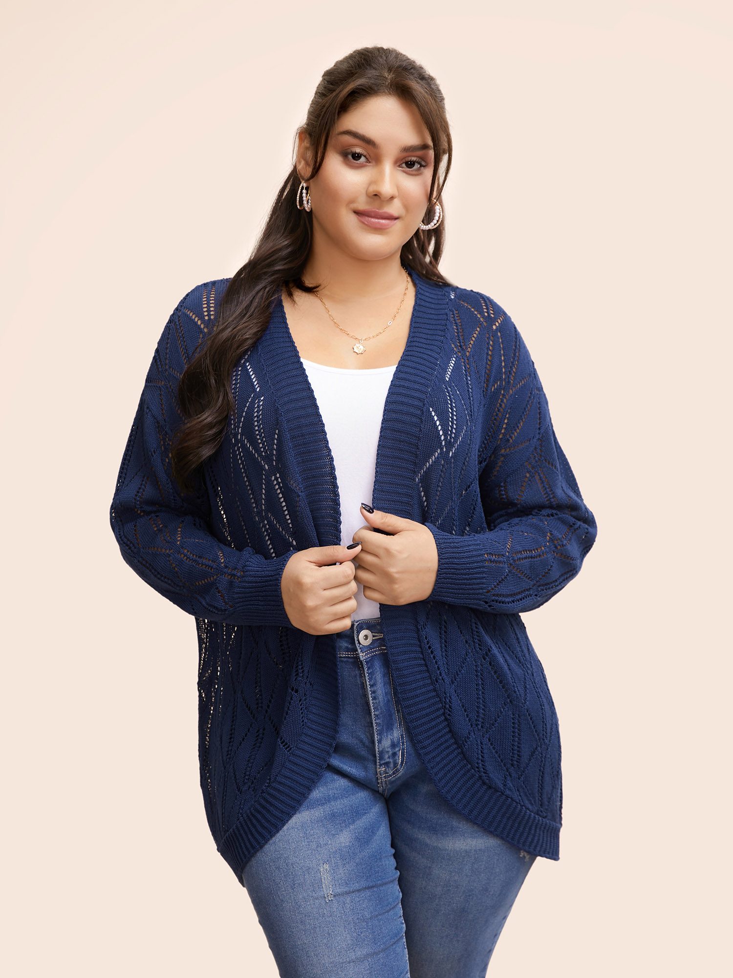 

Plus Size Kimono Collar Texture Cut Out Cardigan Indigo Women Casual Loose Long Sleeve Everyday Cardigans BloomChic