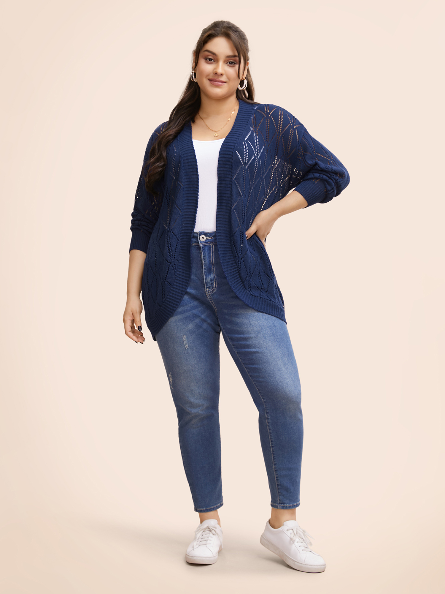 

Plus Size Kimono Collar Texture Cut Out Cardigan Indigo Women Casual Loose Long Sleeve Everyday Cardigans BloomChic