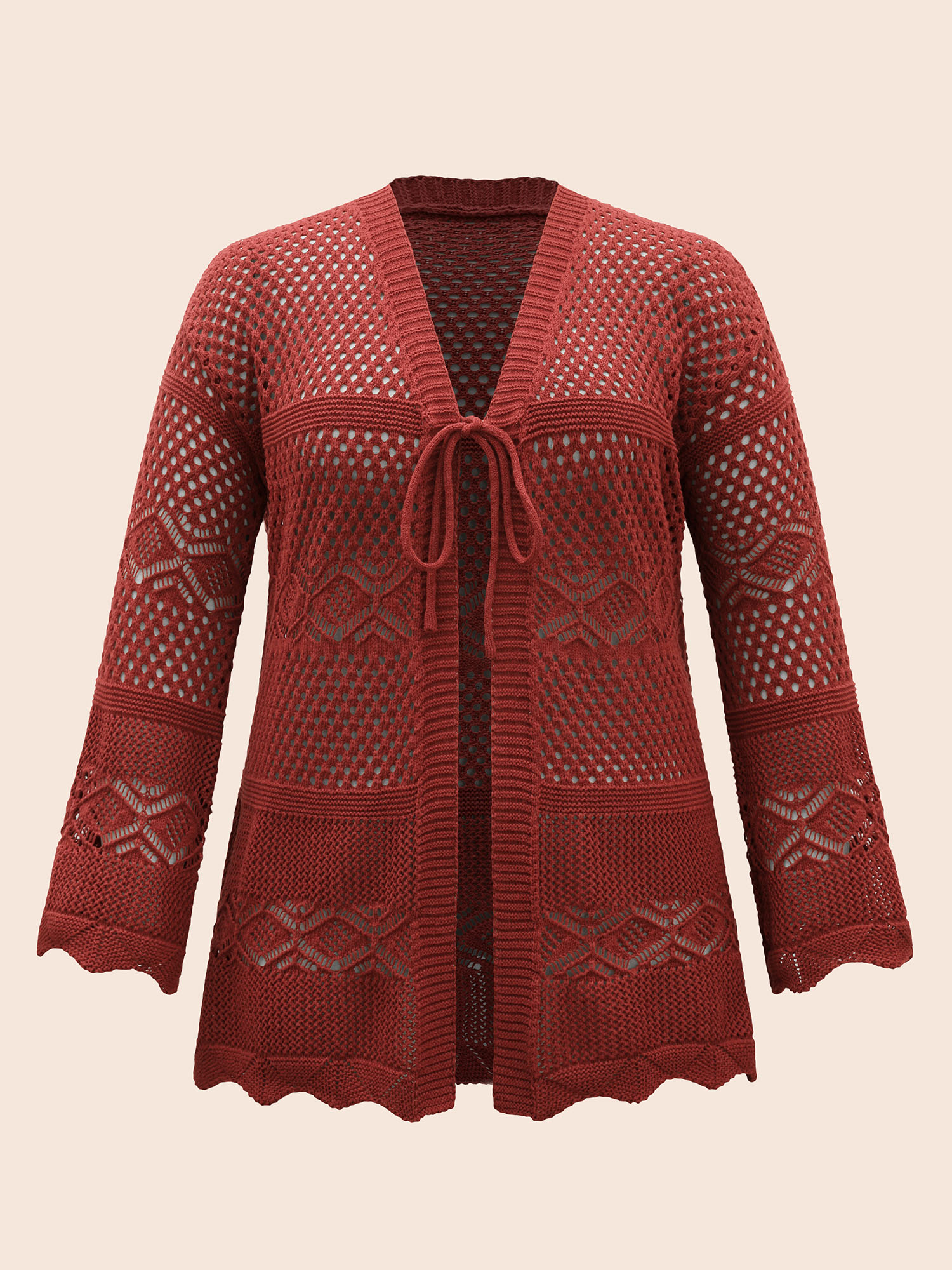 

Plus Size Texture Tie Knot Bell Sleeve Cardigan Russet Women Casual Loose Three Quater Length Sleeve Everyday Cardigans BloomChic