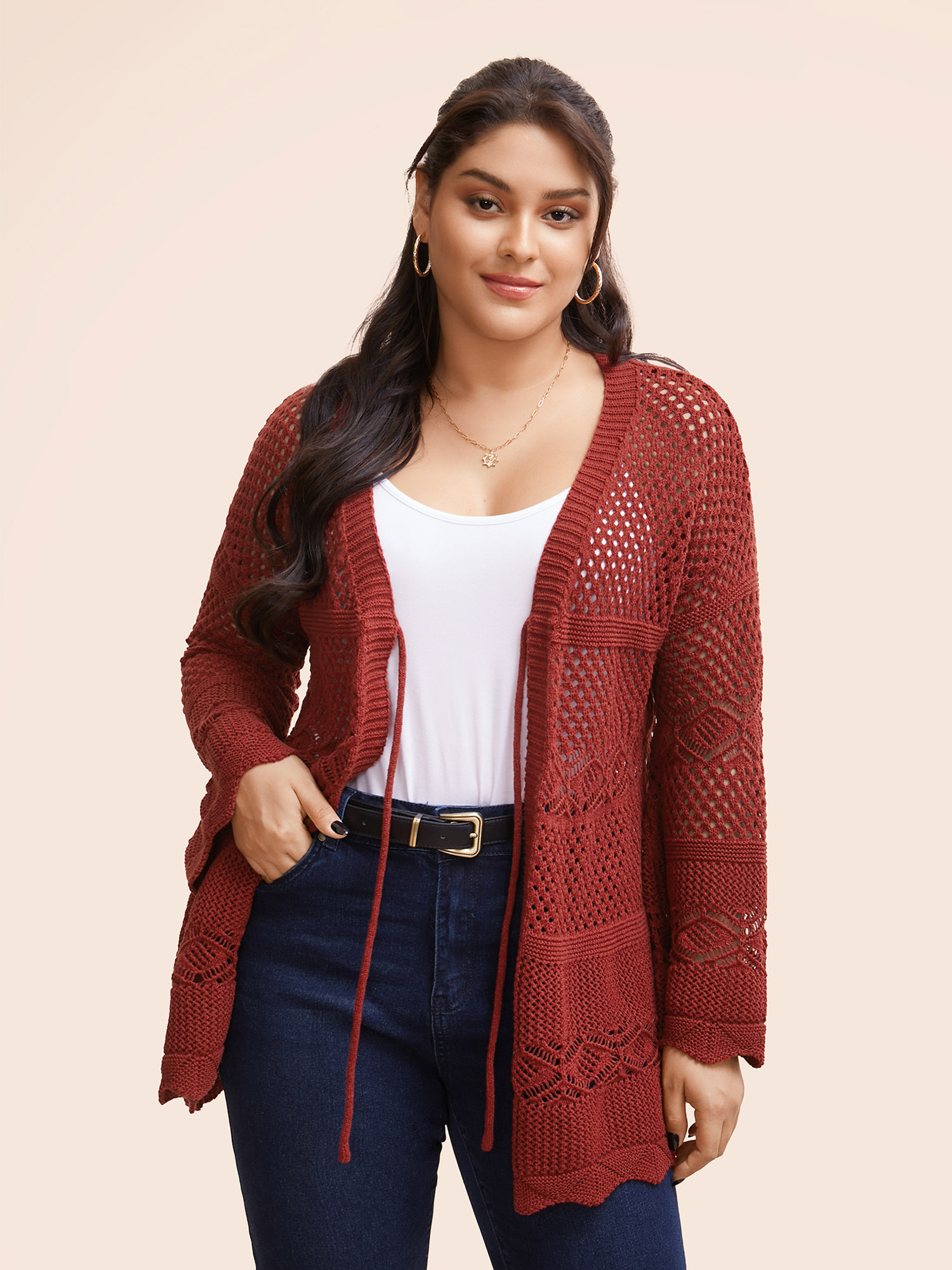 

Plus Size Texture Tie Knot Bell Sleeve Cardigan Russet Women Casual Loose Three Quater Length Sleeve Everyday Cardigans BloomChic