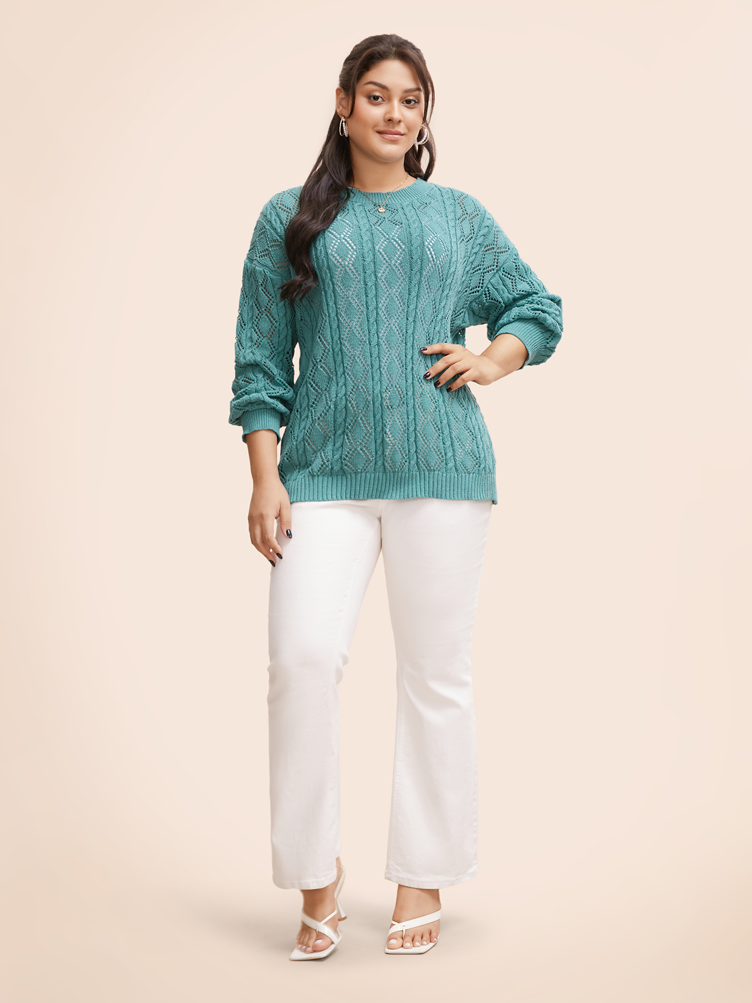 

Plus Size Texture Cut Out Drop Shoulder Pullover Teal Women Casual Loose Three Quater Length Sleeve Round Neck Everyday Pullovers BloomChic