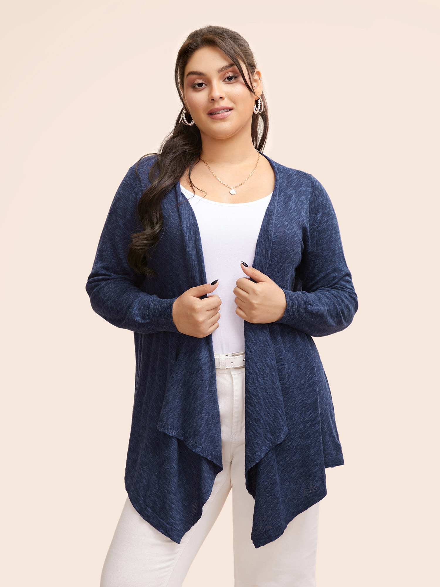 

Plus Size Kimono Collar Hanky Hem Cardigan Indigo Women Casual Loose Long Sleeve Everyday Cardigans BloomChic