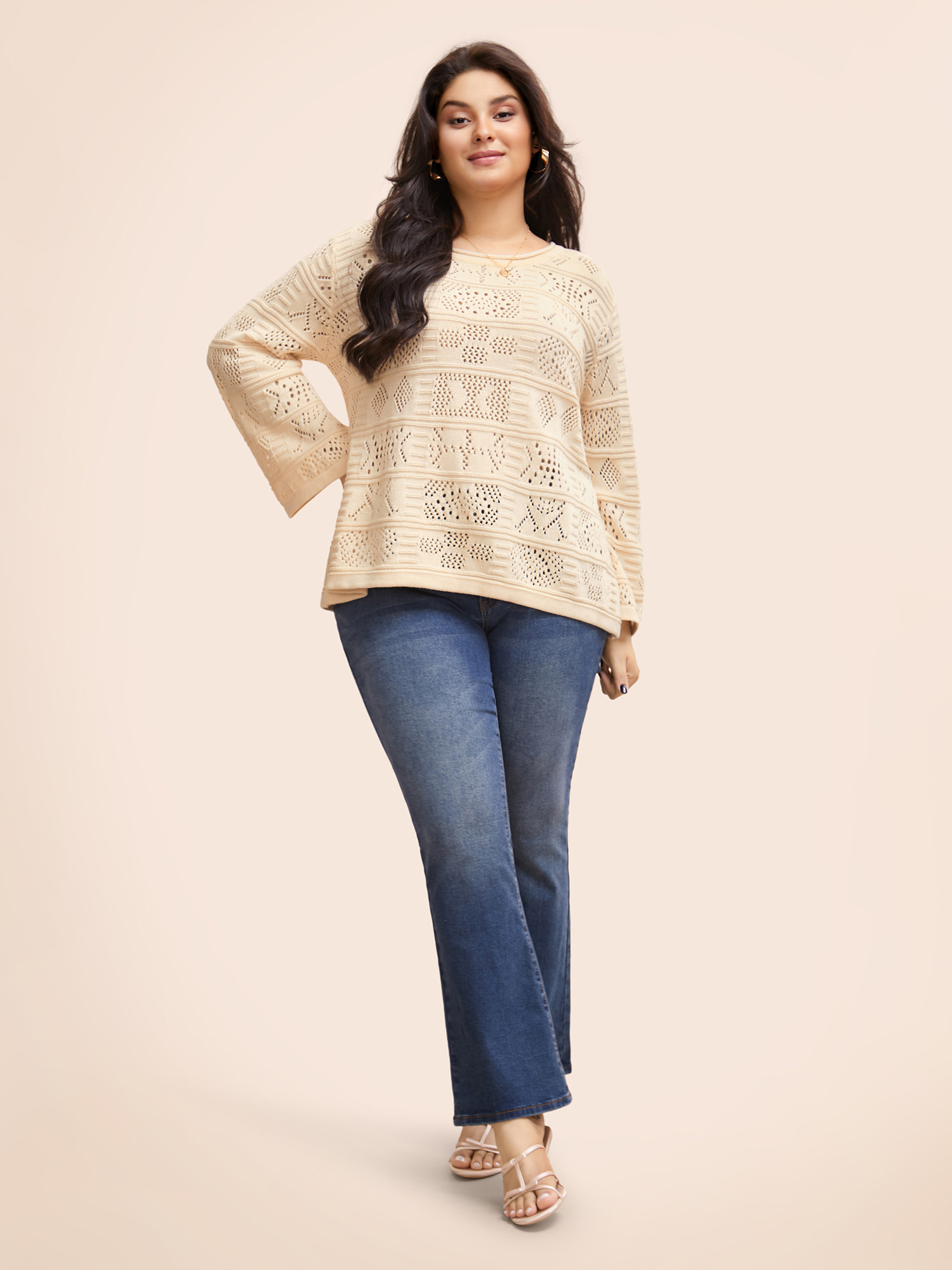 

Plus Size Cotton Texture Cut Out Bell Sleeve Pullover Apricot Women Casual Long Sleeve Round Neck Everyday Pullovers BloomChic