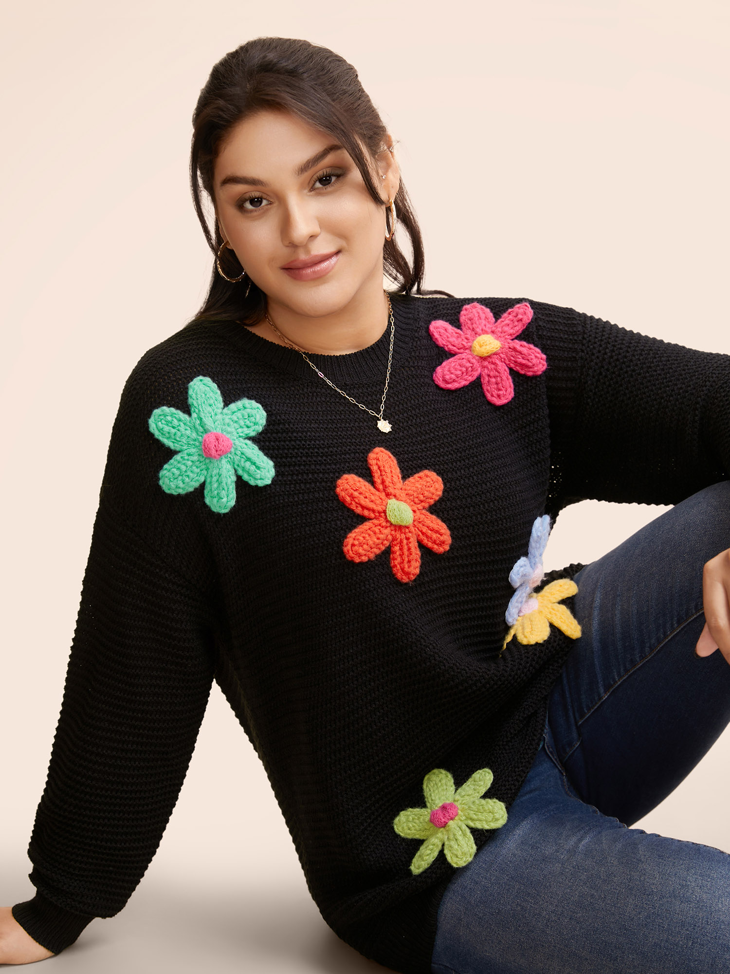 

Plus Size Colored Crochet Floral Drop Shoulder Sleeve Pullover Black Women Casual Loose Three Quater Length Sleeve Round Neck Everyday Pullovers BloomChic