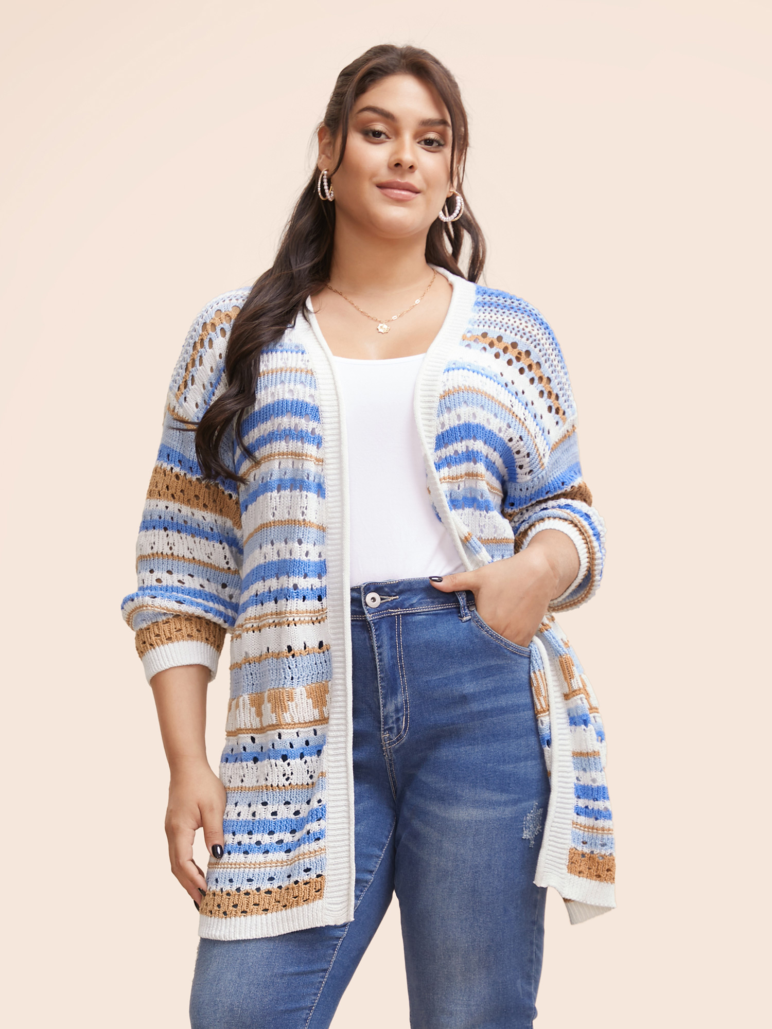 

Plus Size Cotton Contrast Striped Cut Out Cardigan LightBlue Women Casual Loose Long Sleeve Everyday Cardigans BloomChic