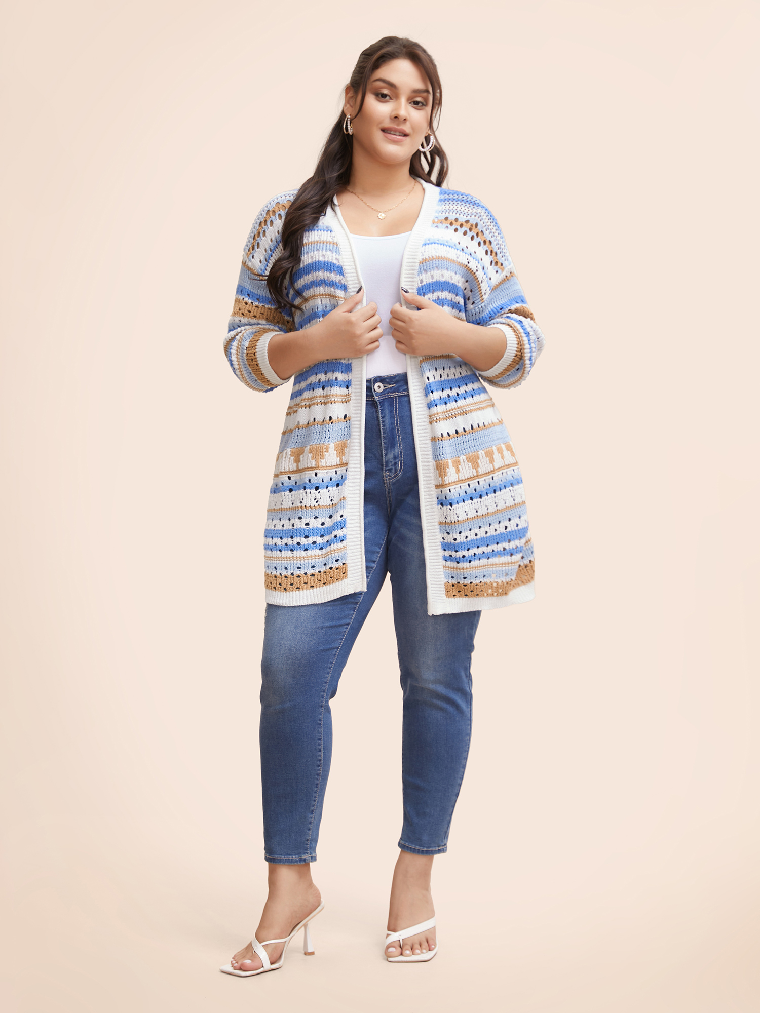 Plus Size Cotton Contrast Striped Cut Out Cardigan LightBlue Women Casual Loose Long Sleeve Everyday Cardigans BloomChic 12/L 