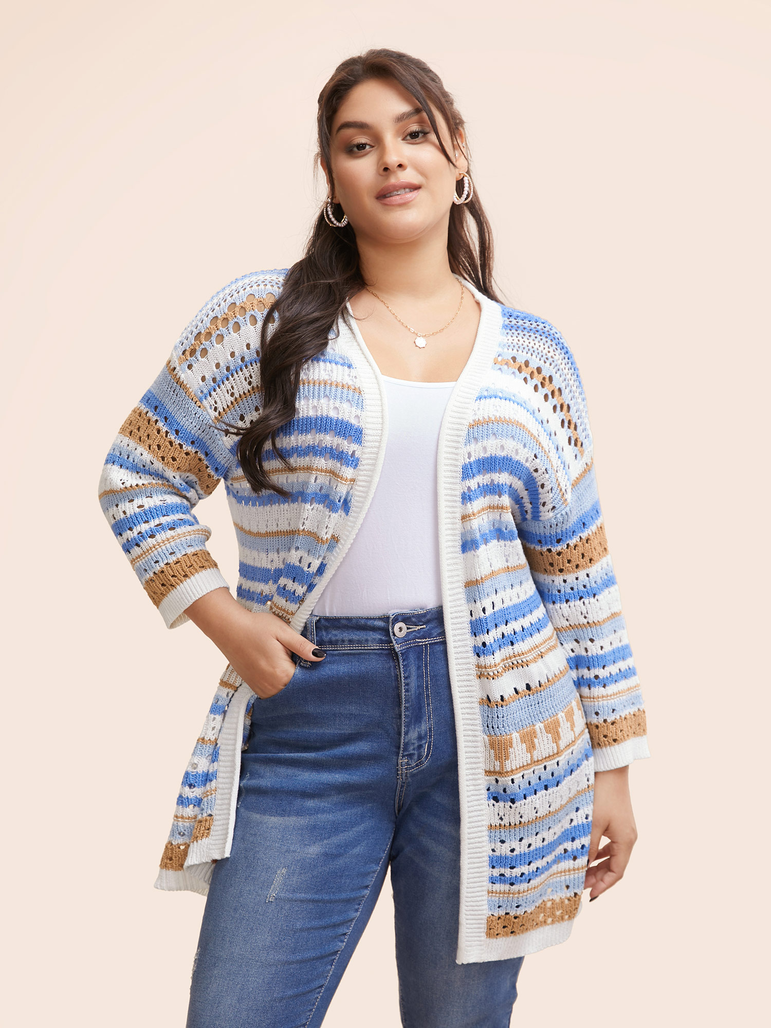 Plus Size Cotton Contrast Striped Cut Out Cardigan LightBlue Women Casual Loose Long Sleeve Everyday Cardigans BloomChic 12/L 