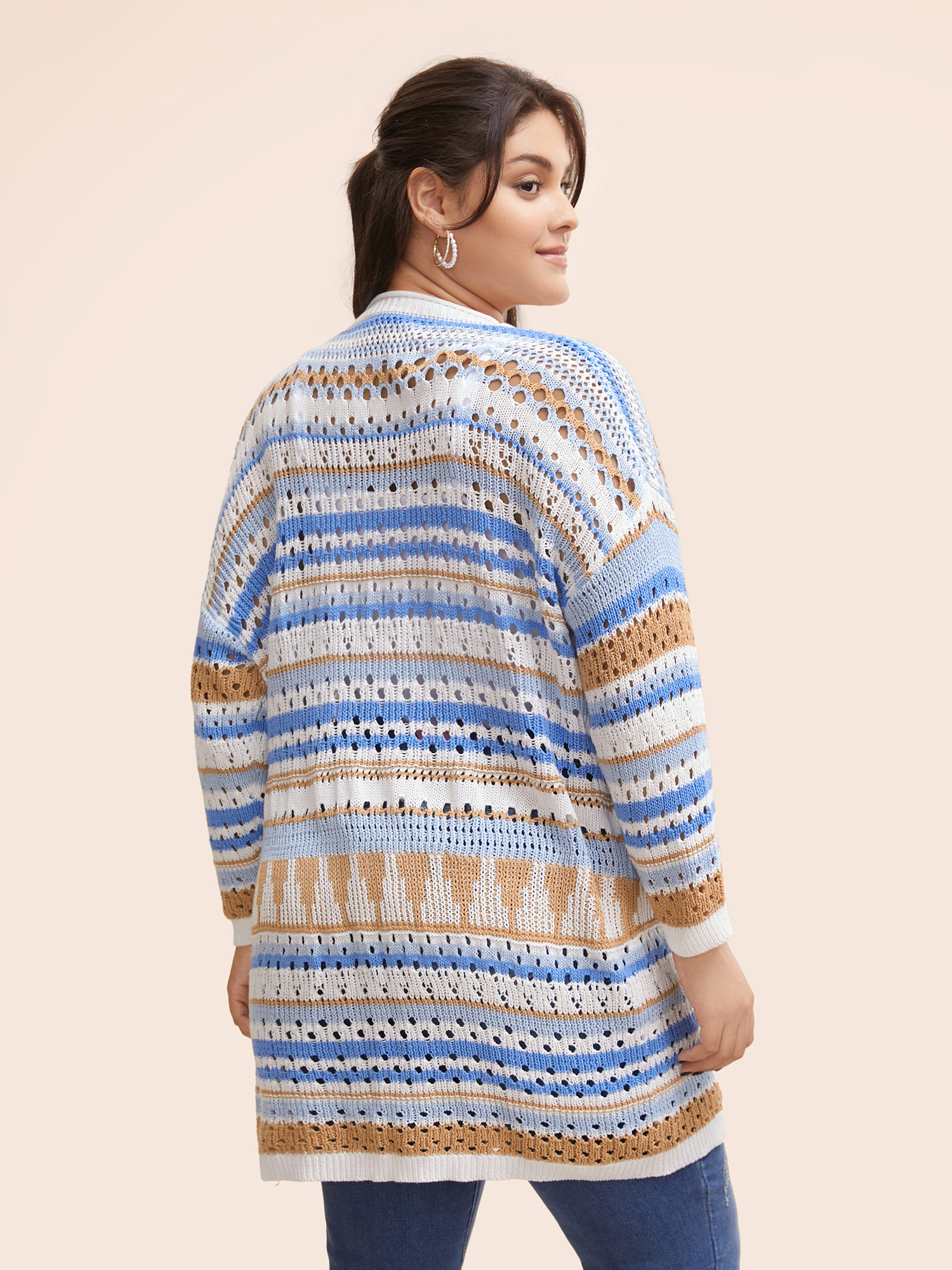 Plus Size Cotton Contrast Striped Cut Out Cardigan LightBlue Women Casual Loose Long Sleeve Everyday Cardigans BloomChic 12/L 