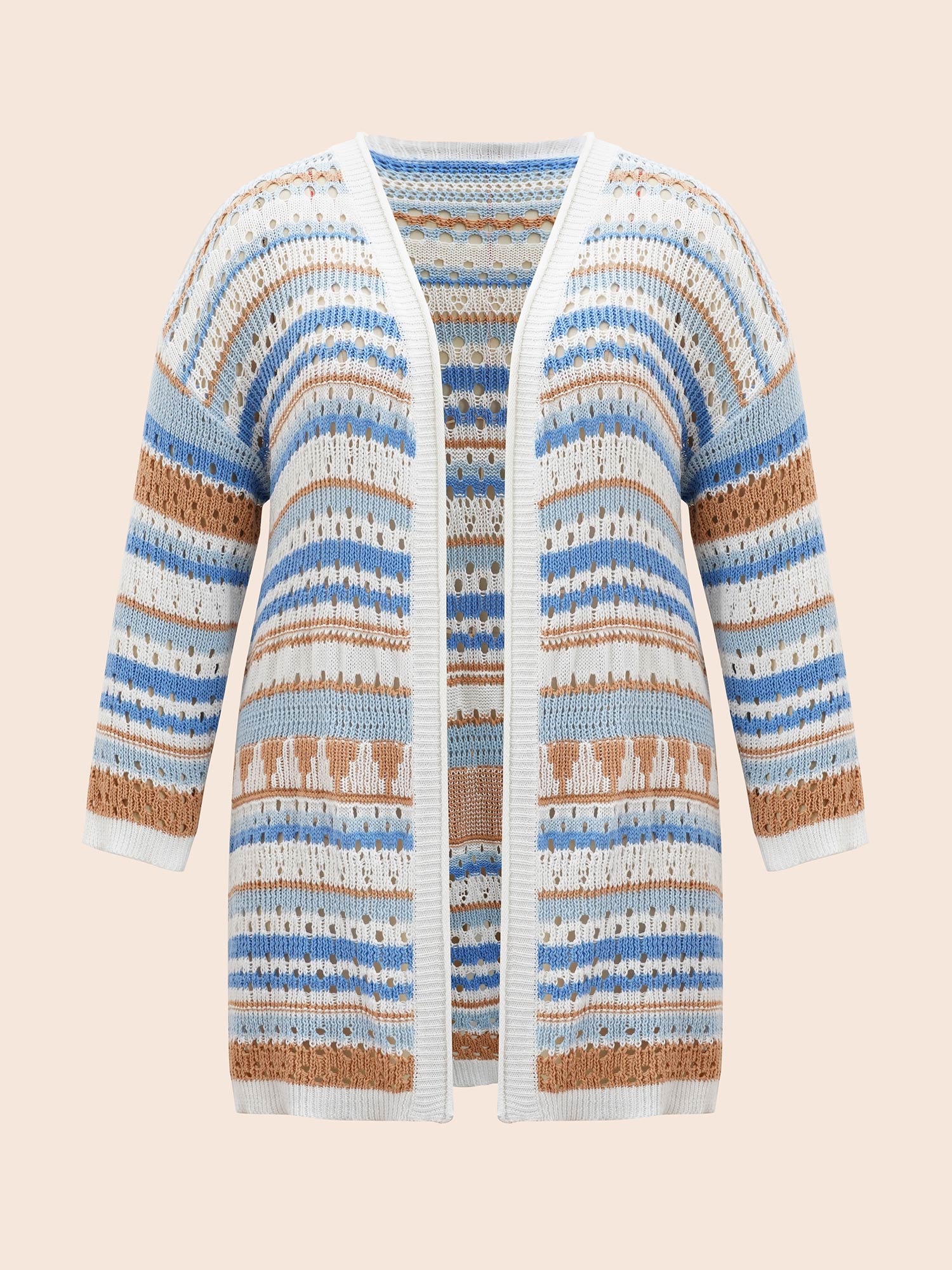 Plus Size Cotton Contrast Striped Cut Out Cardigan LightBlue Women Casual Loose Long Sleeve Everyday Cardigans BloomChic 12/L 