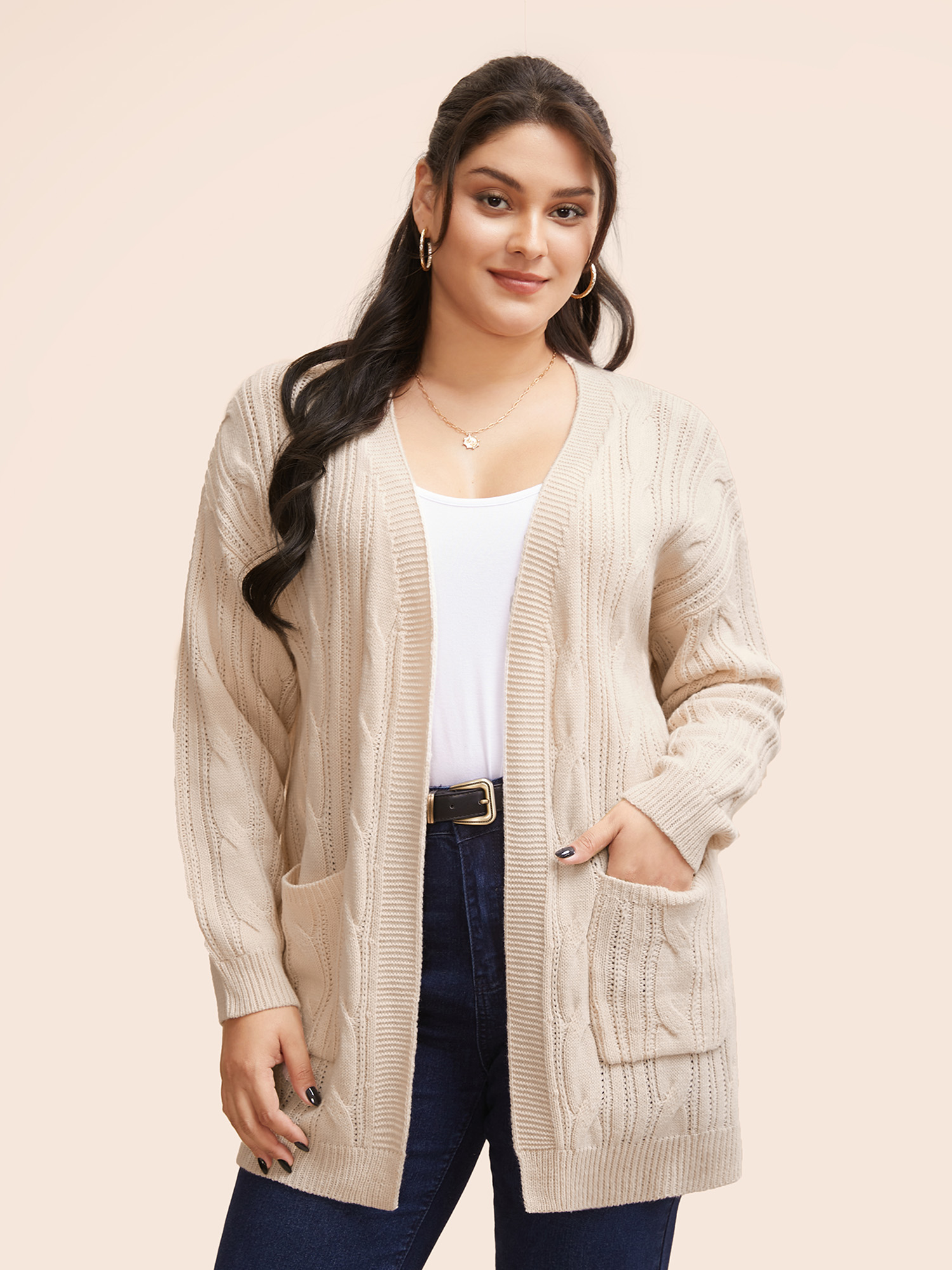 

Plus Size Cable Knit Drop Shoulder Patch Pocket Cardigan Apricot Women Casual Loose Long Sleeve Everyday Cardigans BloomChic