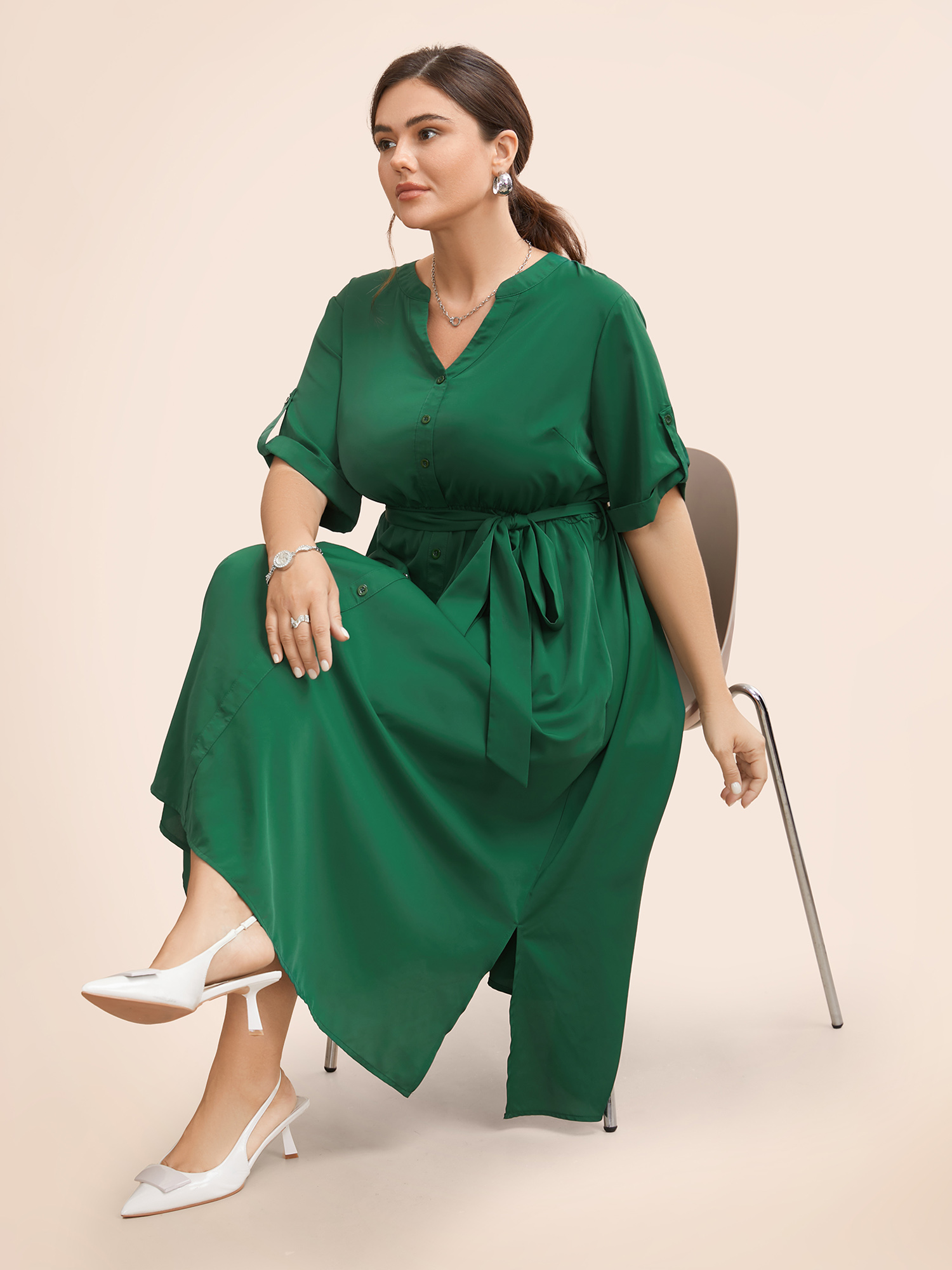 

Plus Size Solid Tab Sleeve Split Hem Dress Emerald Women At the Office Belted Flat collar with V-notch Half Sleeve Curvy BloomChic