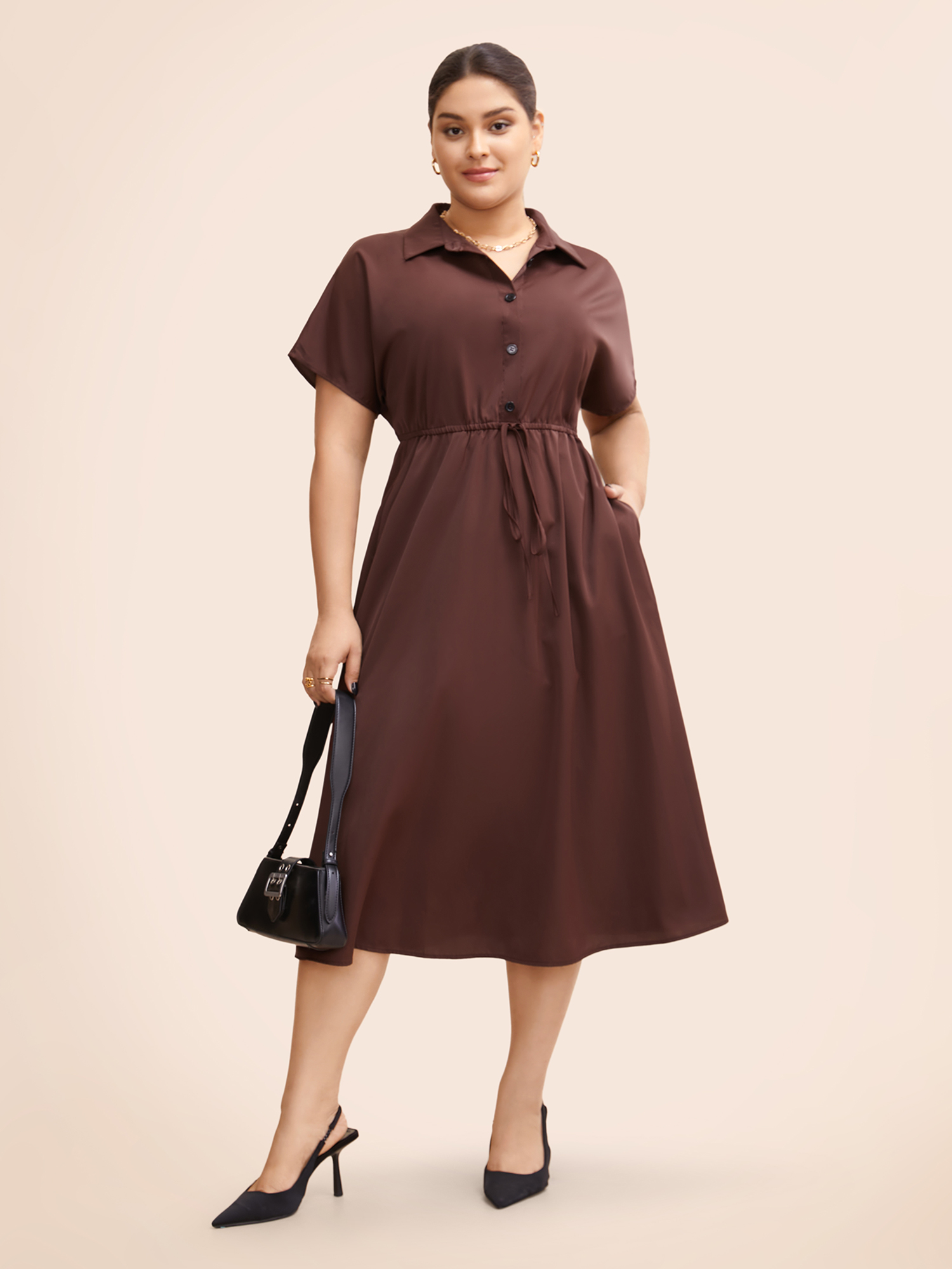 

Plus Size Shirt Collar Batwing Sleeve Drawstring Dress Browncoffeecolor Women At the Office Drawstring Shirt collar Short sleeve Curvy BloomChic