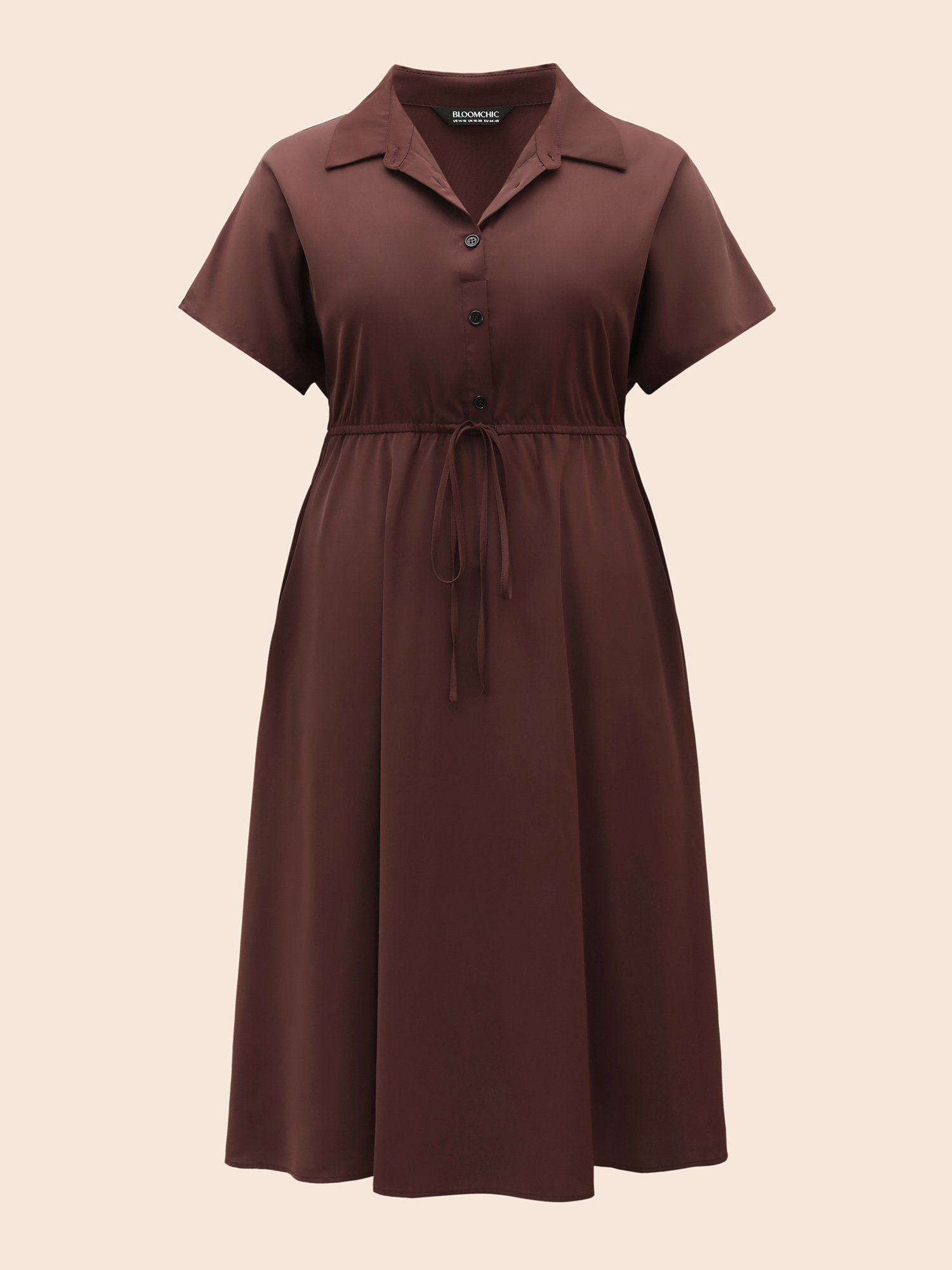 

Plus Size Shirt Collar Batwing Sleeve Drawstring Dress Browncoffeecolor Women At the Office Drawstring Shirt collar Short sleeve Curvy BloomChic